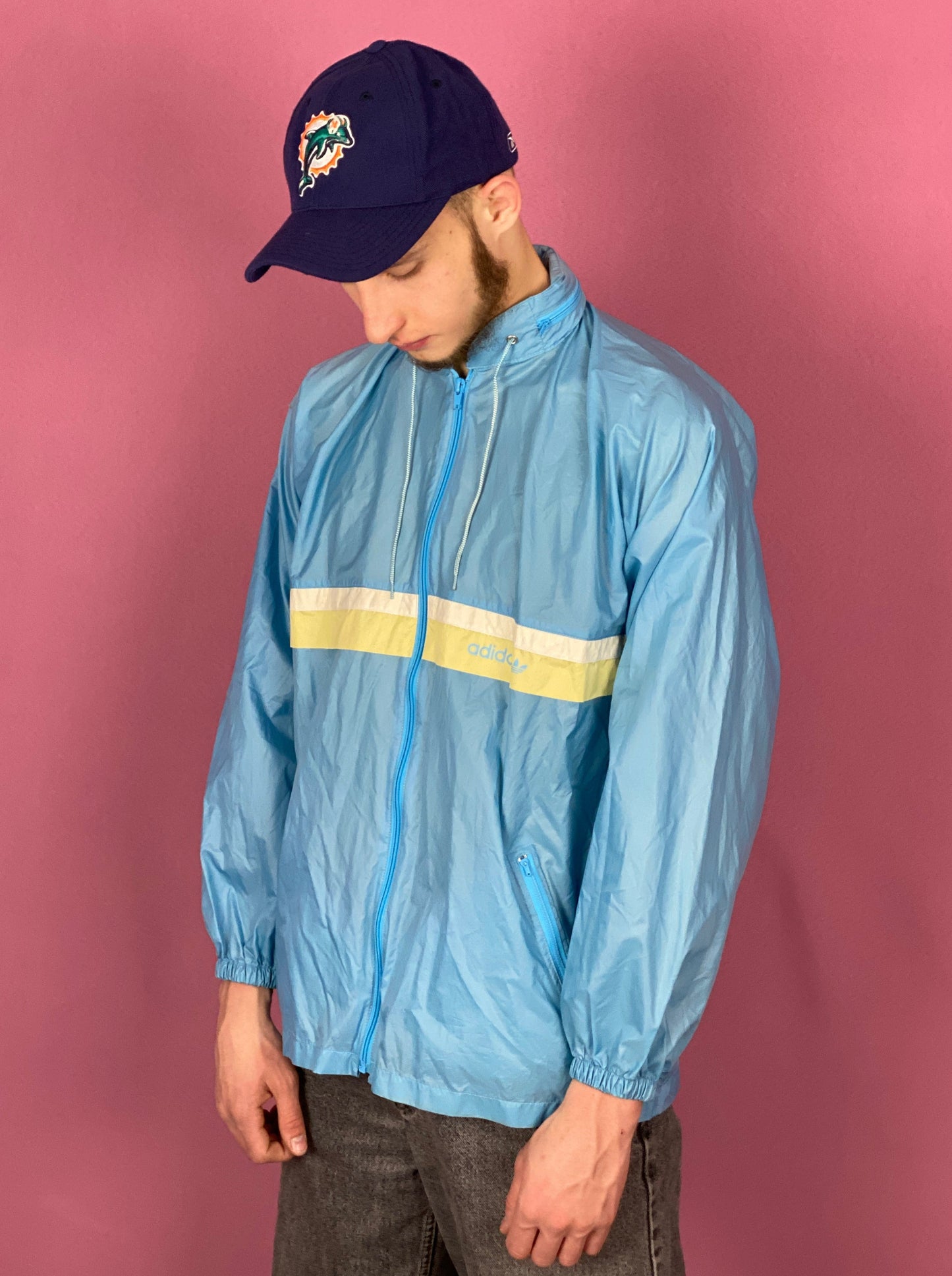 90s Adidas Vintage Men's Rain Jacket - Medium Blue Nylon