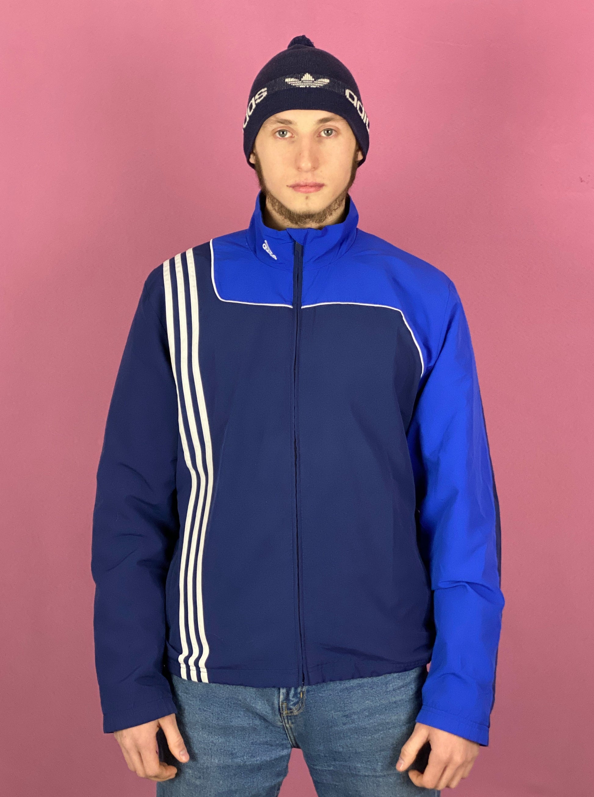 Adidas Vintage Men's Windbreaker Jacket - Large Blue Polyester