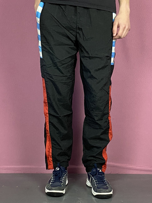 90s Vintage Men's Color Block Track Pants - L Black Nylon