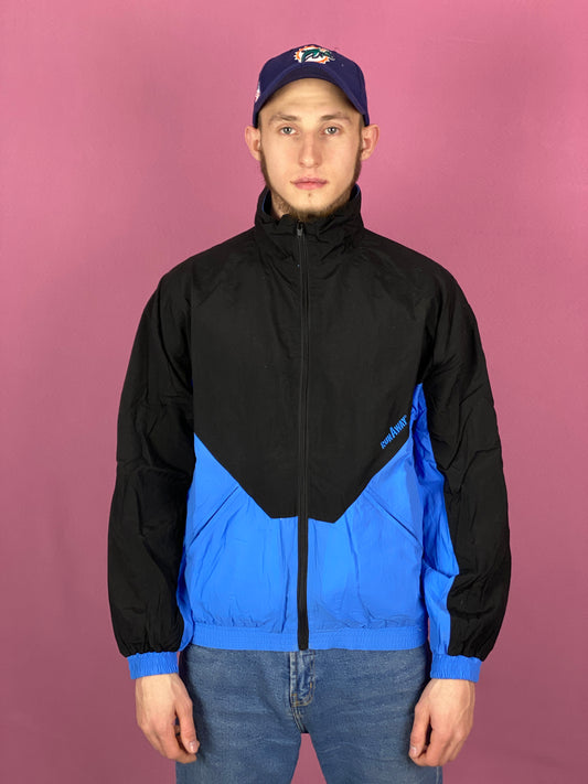 RunAway Vintage Men's Windbreaker Jacket - Medium Black & Blue Nylon