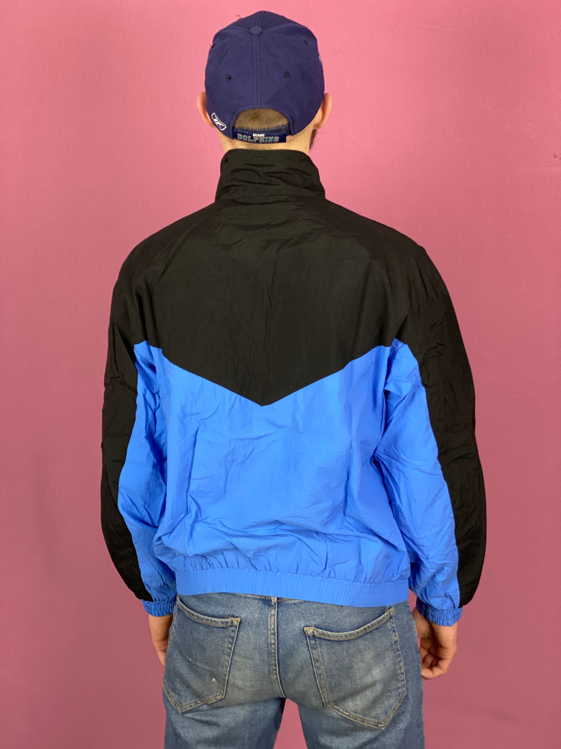 RunAway Vintage Men's Windbreaker Jacket - Medium Black & Blue Nylon