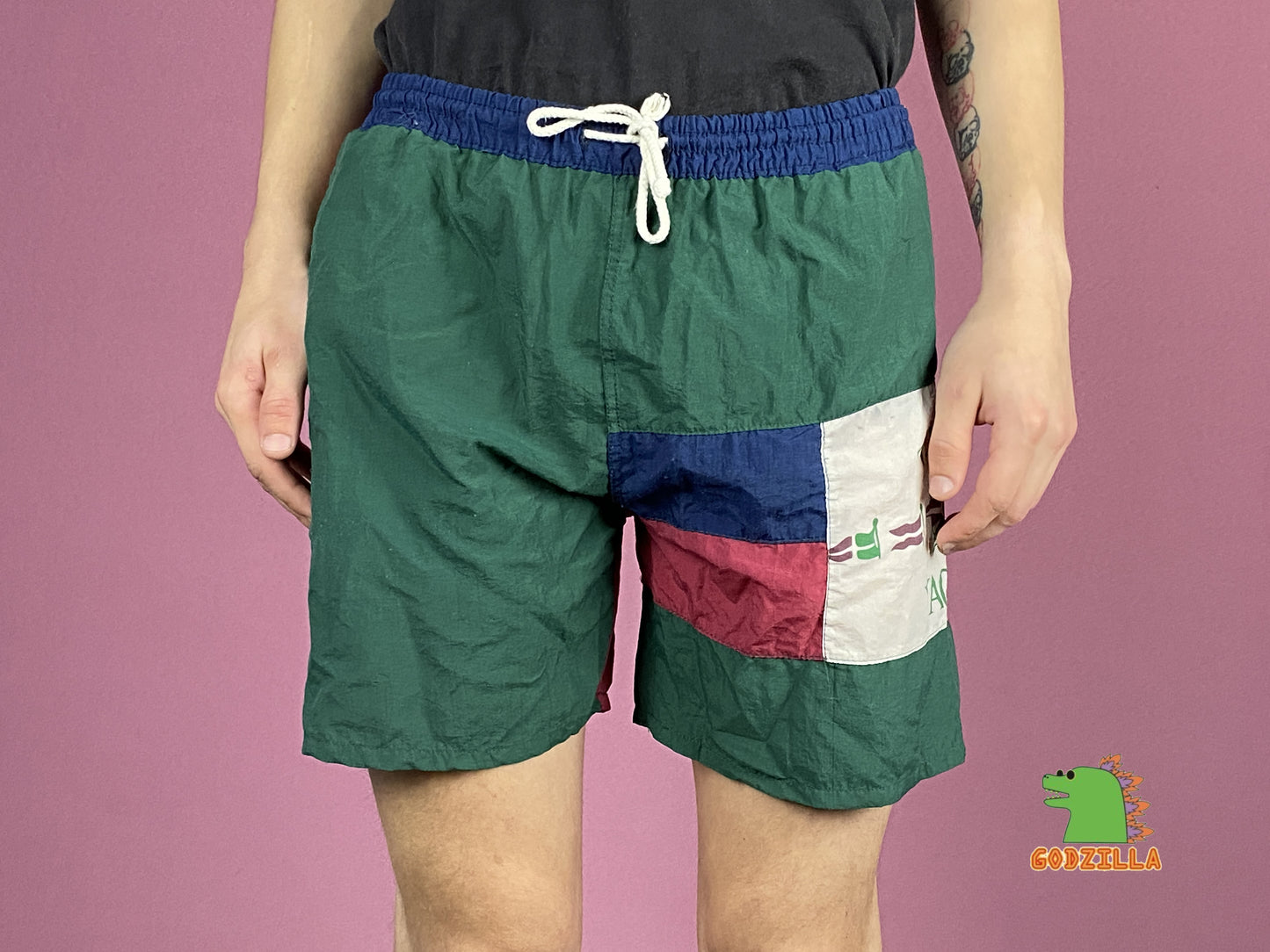 90s Vintage Men's Swim Shorts - Medium Green & Multicolor Polyester