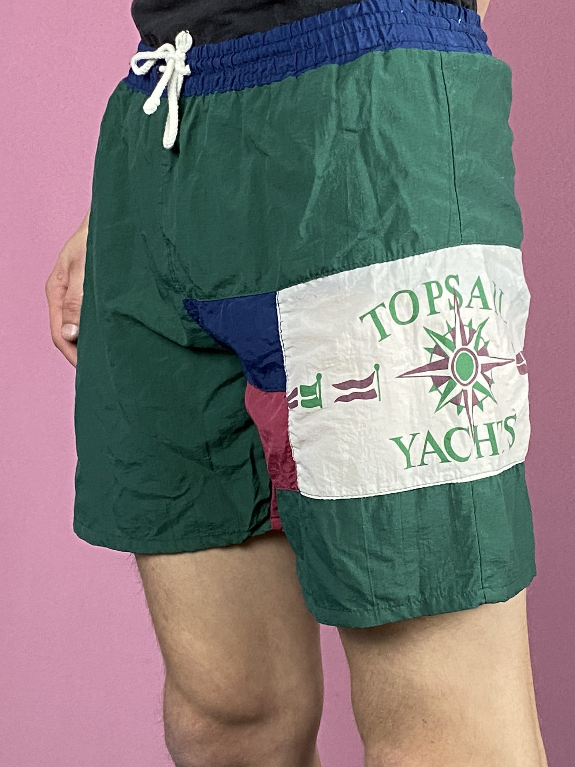 90s Vintage Men's Swim Shorts - Medium Green & Multicolor Polyester
