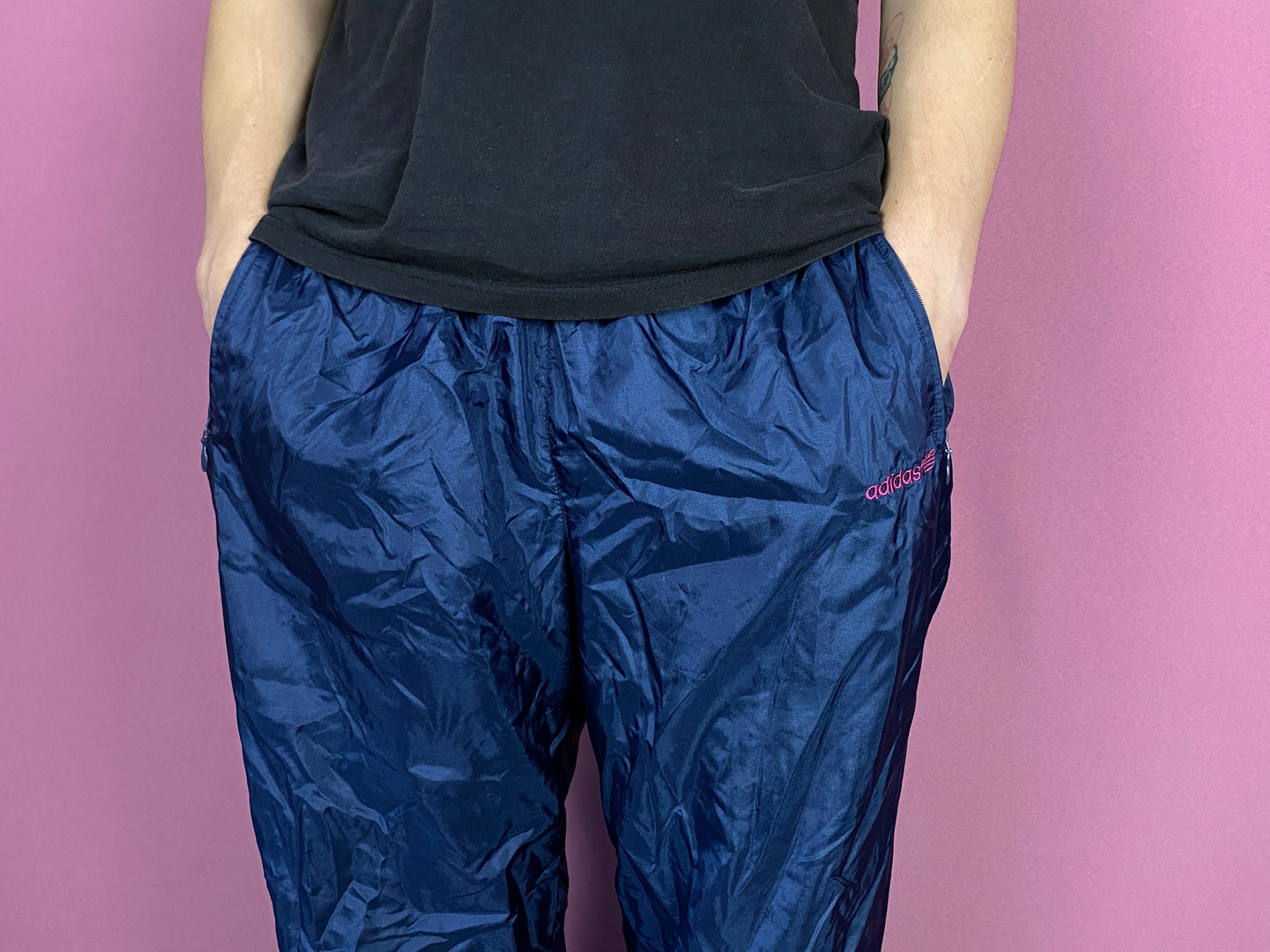 90s Adidas Vintage Men's Track Pants - XL Navy Blue Nylon