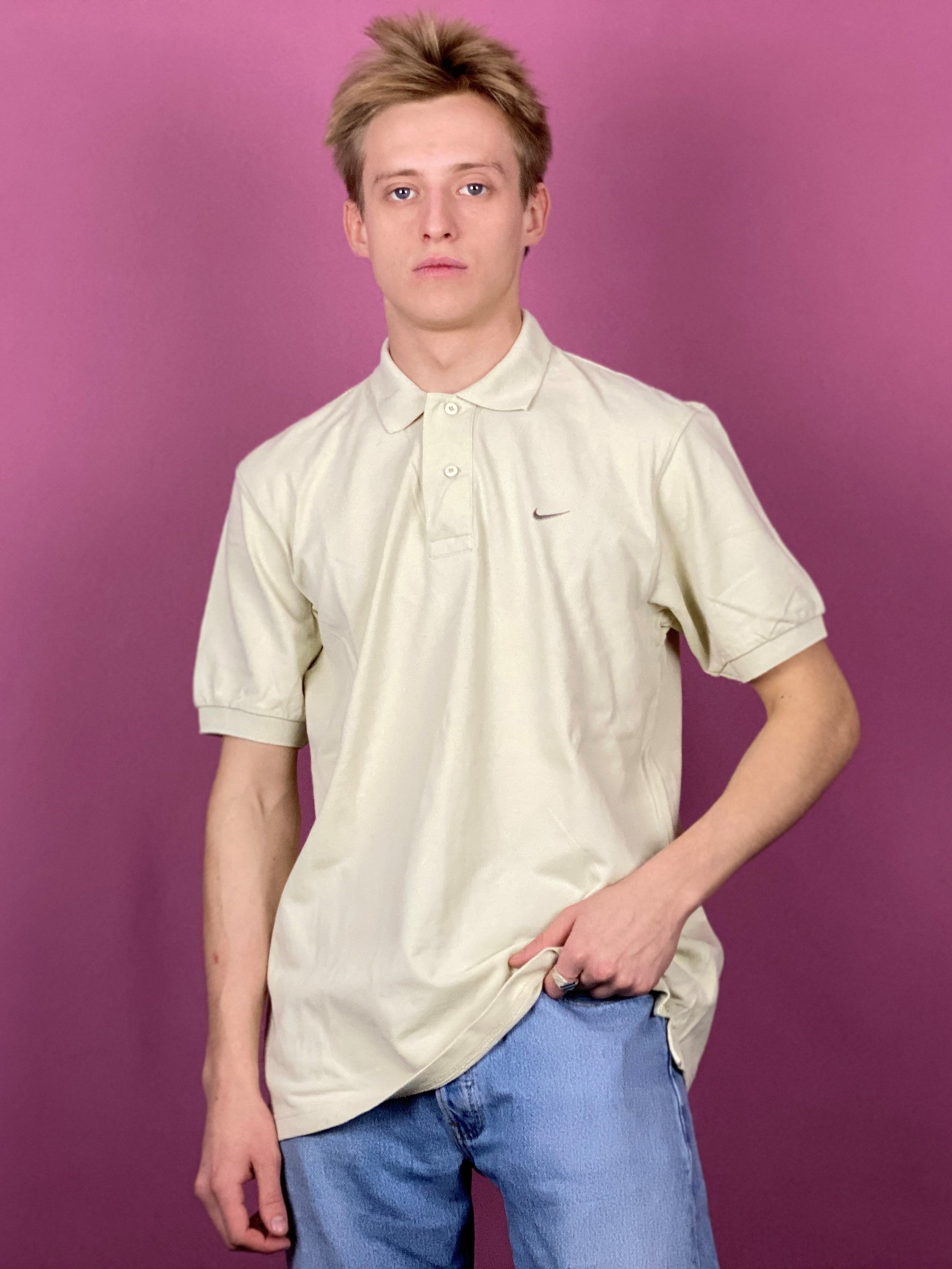 Nike Vintage Men's Polo Shirt - Medium Cream Cotton