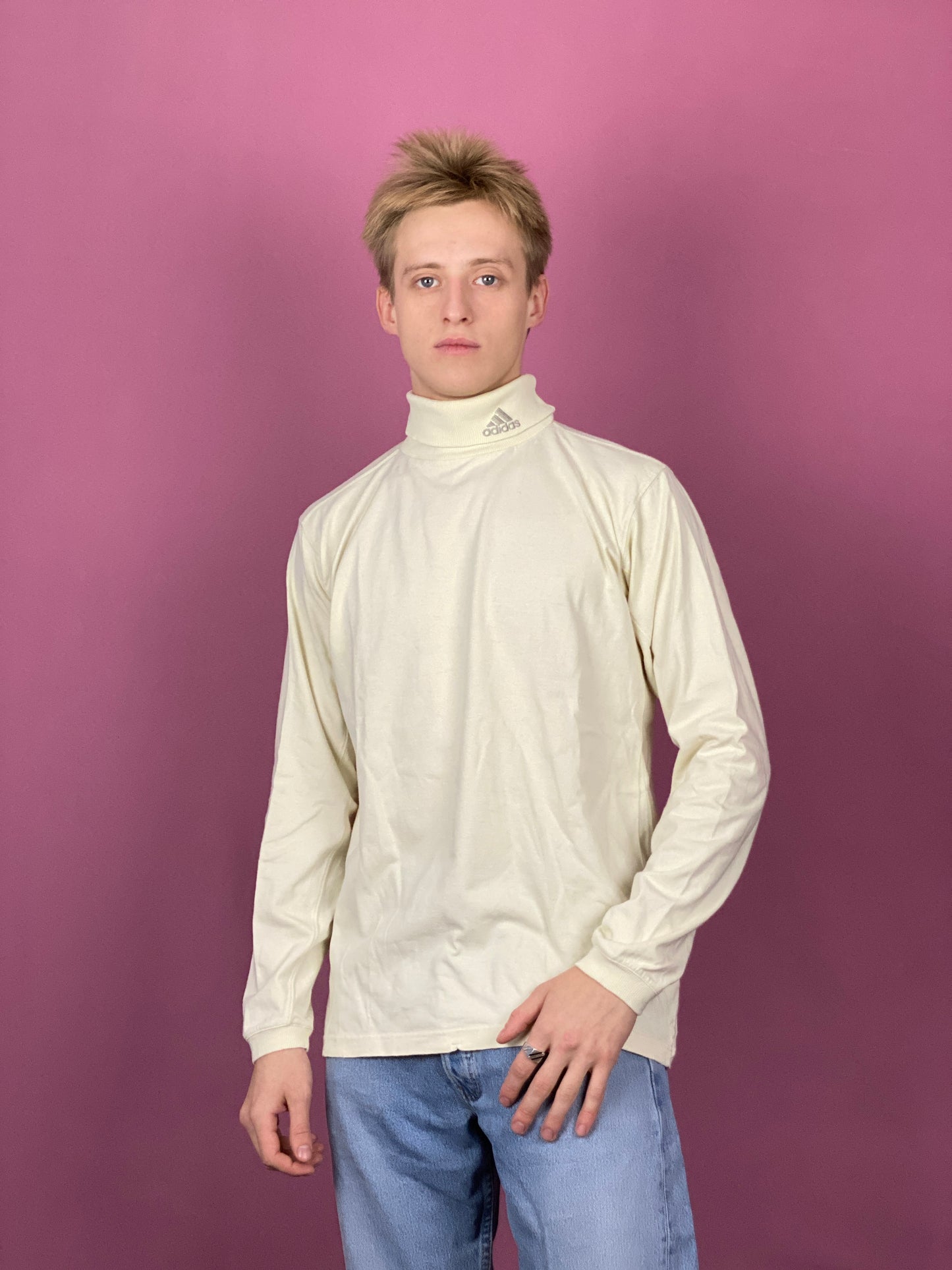 Adidas Vintage Men's Turtleneck Sweater - Small Cream Cotton
