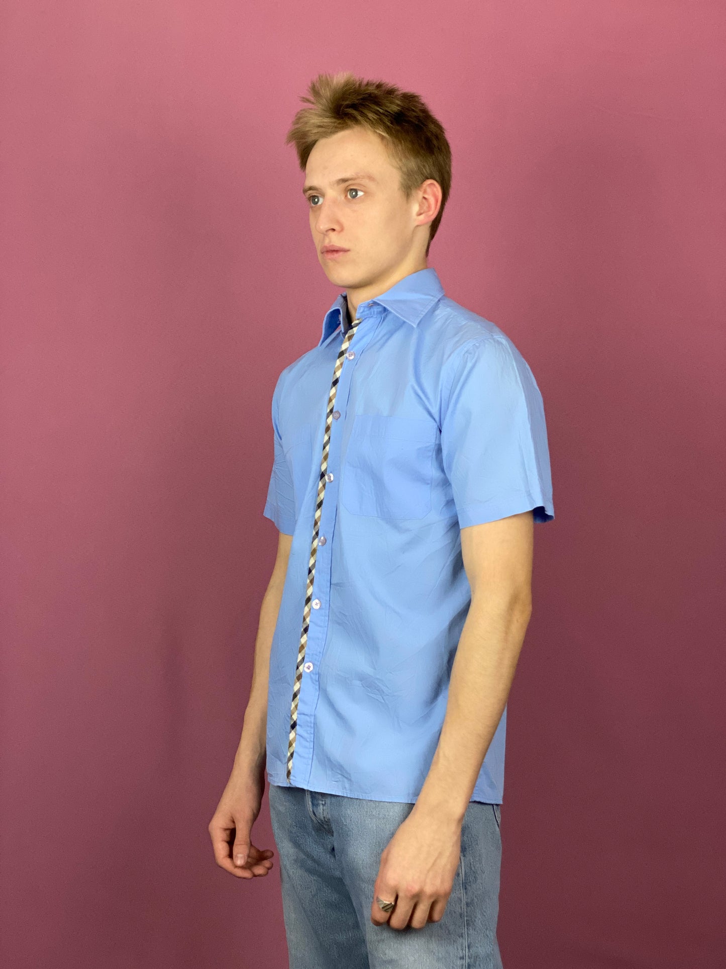 Aquascutum Vintage Men's Short Sleeve Shirt - Small Blue Cotton