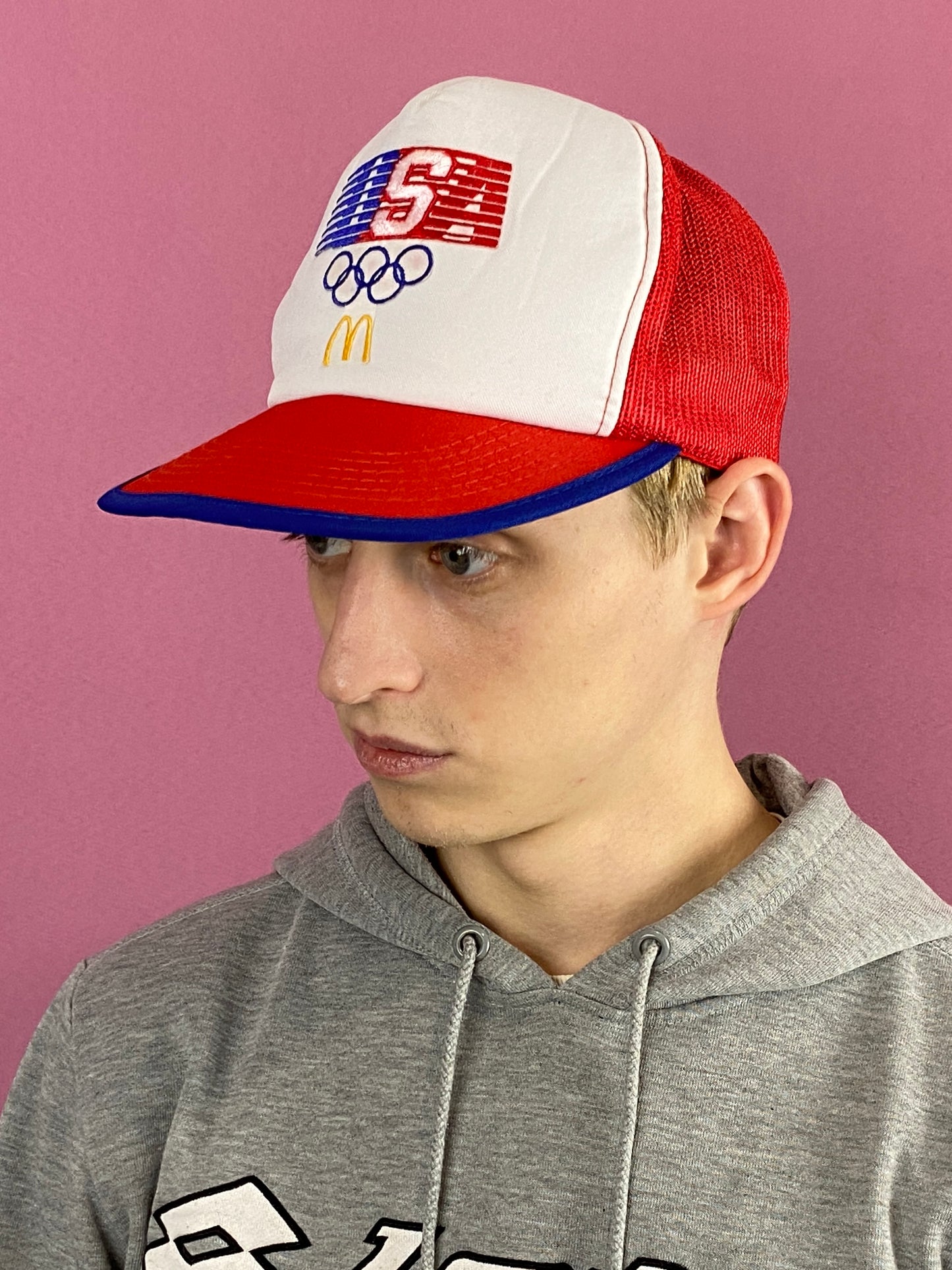 80s McDonalds Olympics USA Vintage Men's Mesh Trucker Cap - Red & White Polyester