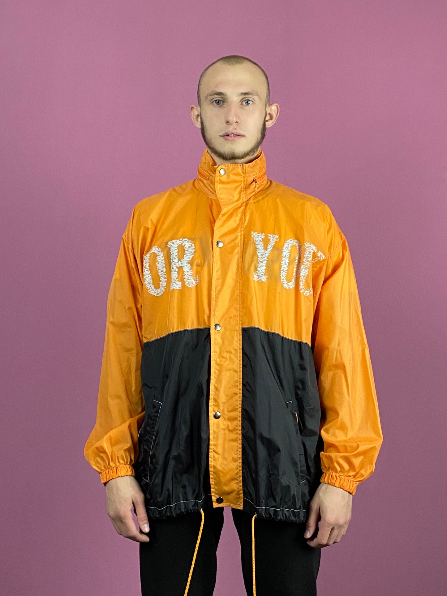 90s Vintage Men's Rain Jacket - Large Orange & Black Nylon
