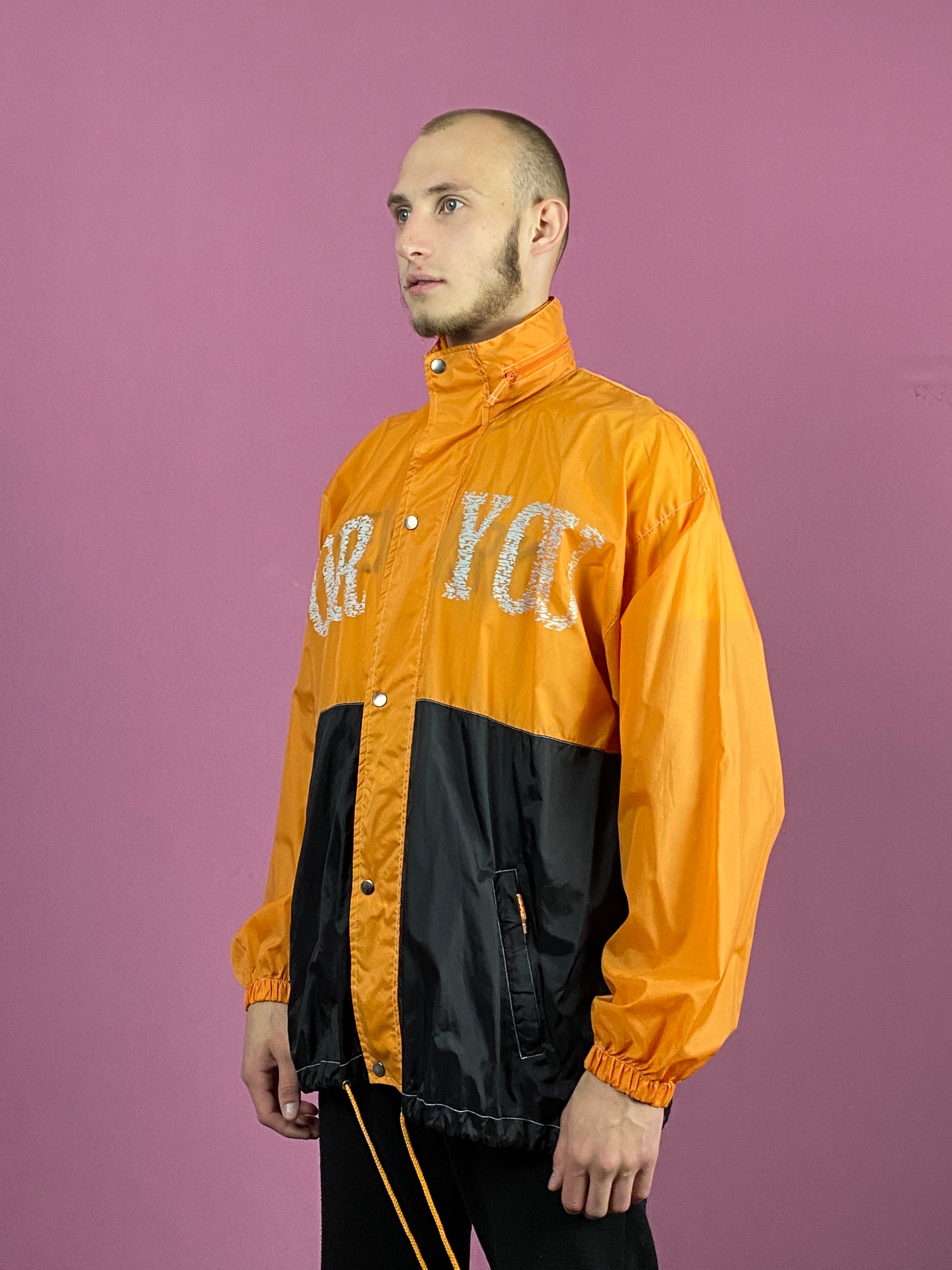 90s Vintage Men's Rain Jacket - Large Orange & Black Nylon