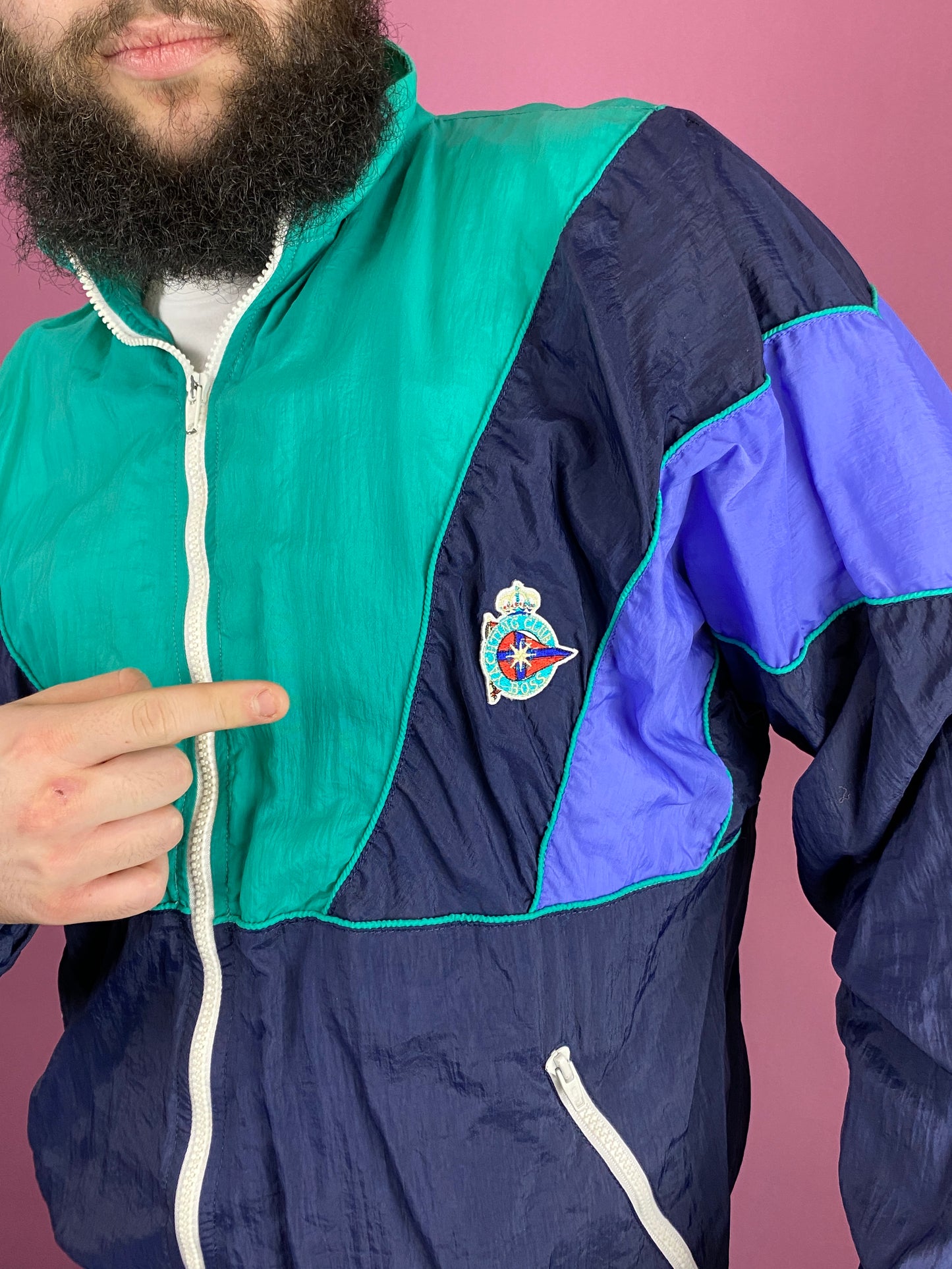 90s Hugo Boss Sport Vintage Men's Windbreaker Jacket - M Blue & Green Nylon