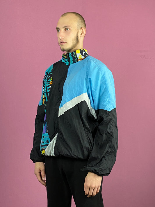 90s Vintage Men's Windbreaker Jacket - XL Black Nylon