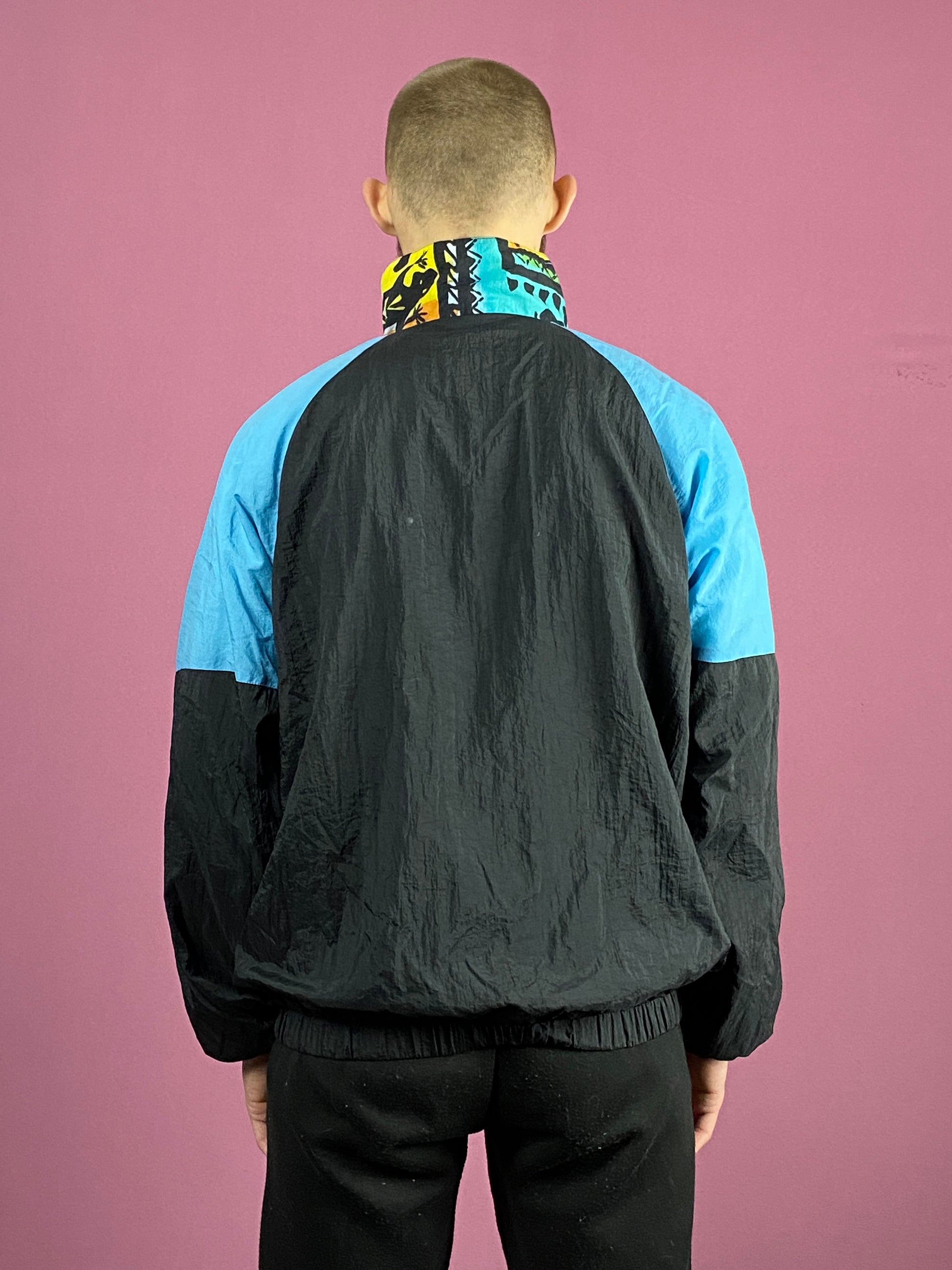 90s Vintage Men's Windbreaker Jacket - XL Black Nylon