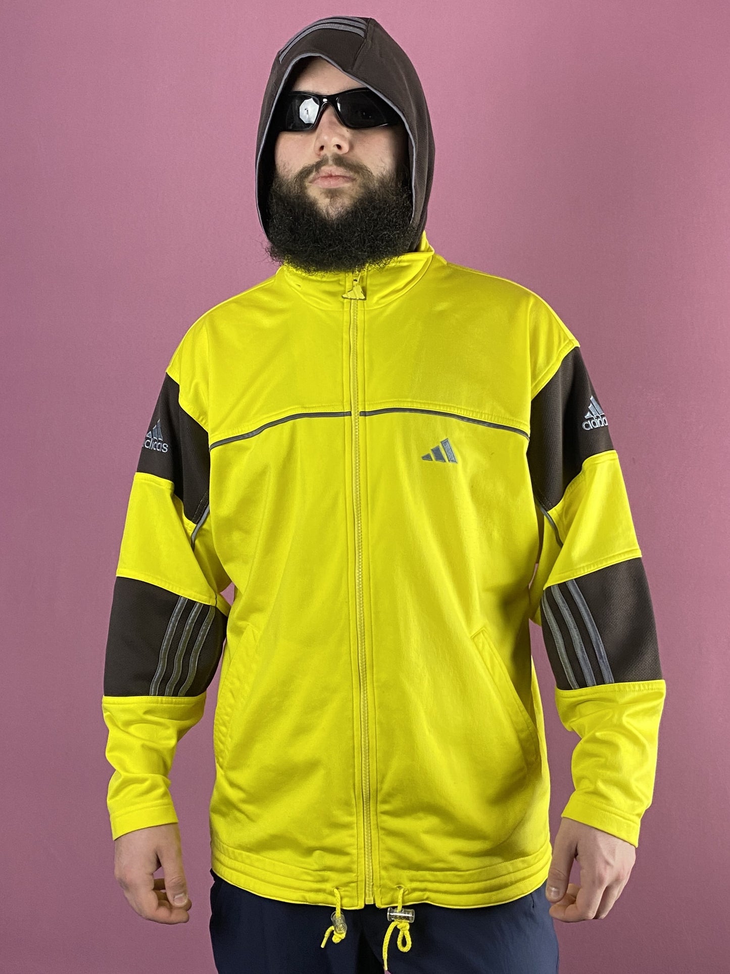 90s Adidas Vintage Men's Hooded Track Jacket - L Yellow Polyester