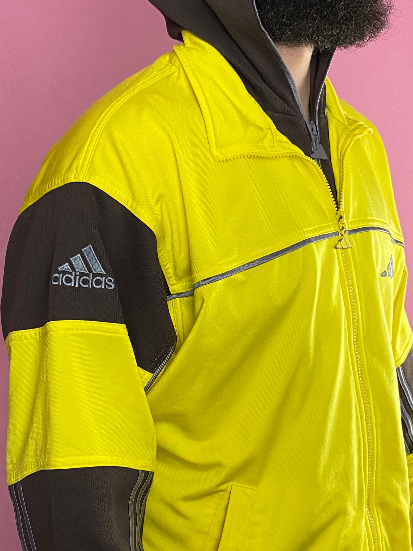 90s Adidas Vintage Men's Hooded Track Jacket - L Yellow Polyester