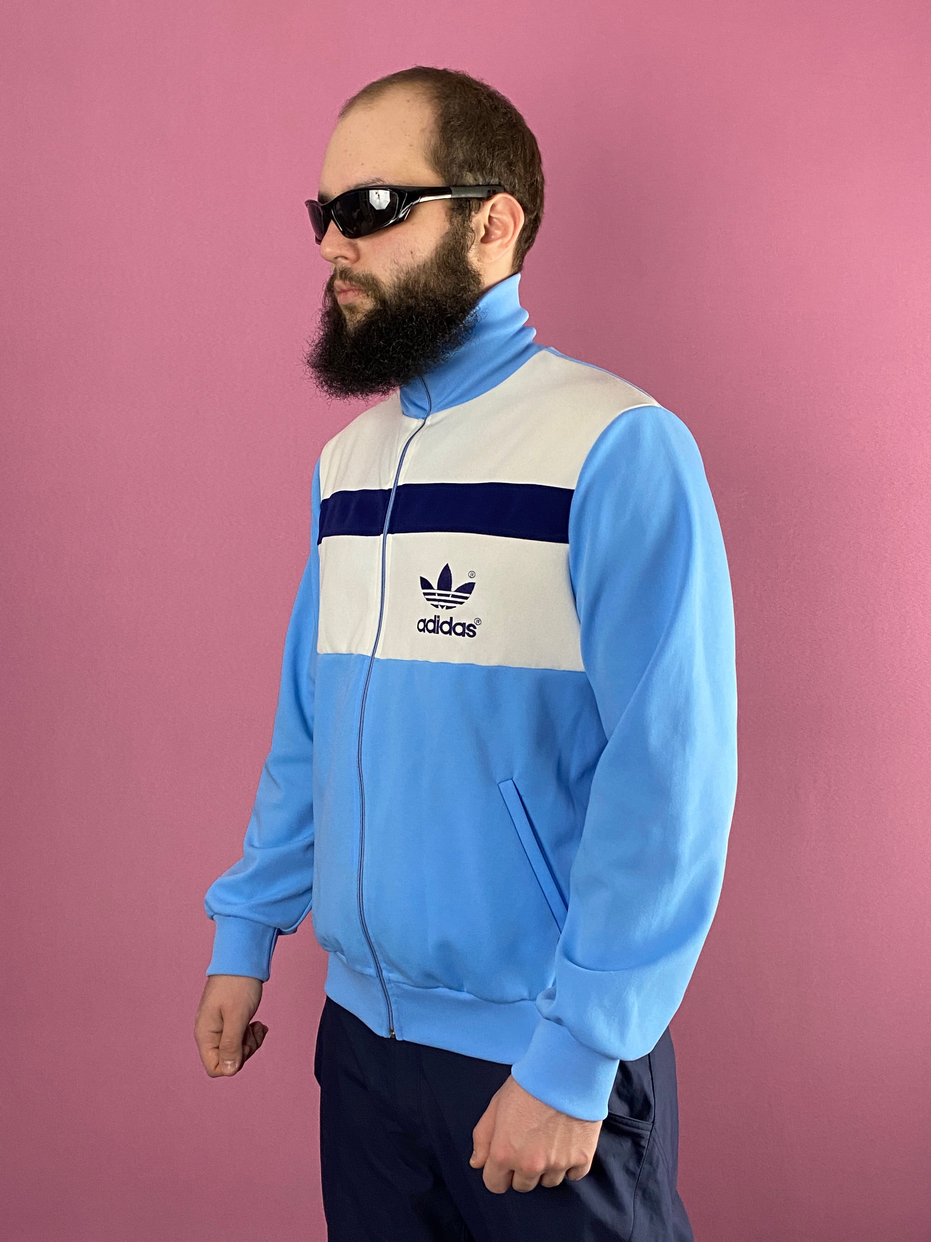 70s Adidas Vintage Men s Track Jacket L Blue White Polyester GodzillaVintageStore