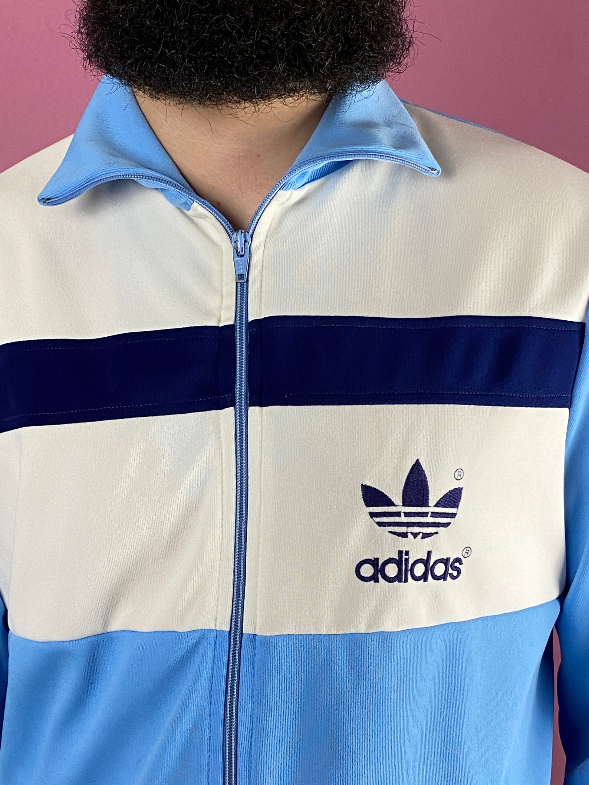 70s Adidas Vintage Men's Track Jacket - L Blue & White Polyester