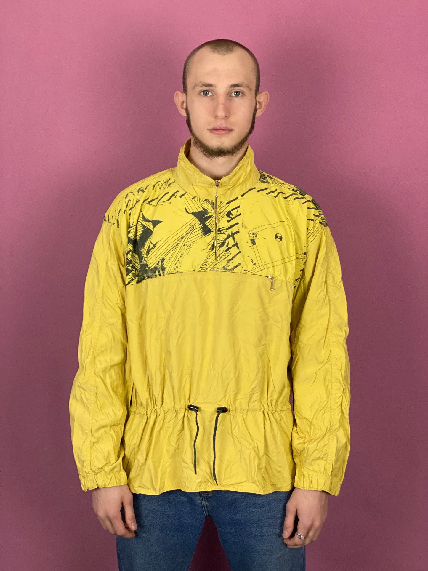 90s Vintage Men's Windbreaker Jacket - Large Yellow Nylon
