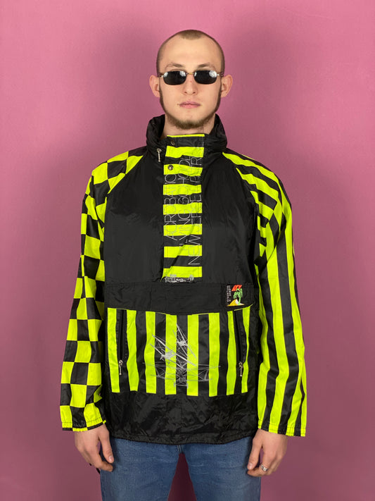 90s Vintage Men's Rain Jacket - Large Black & Yellow Nylon