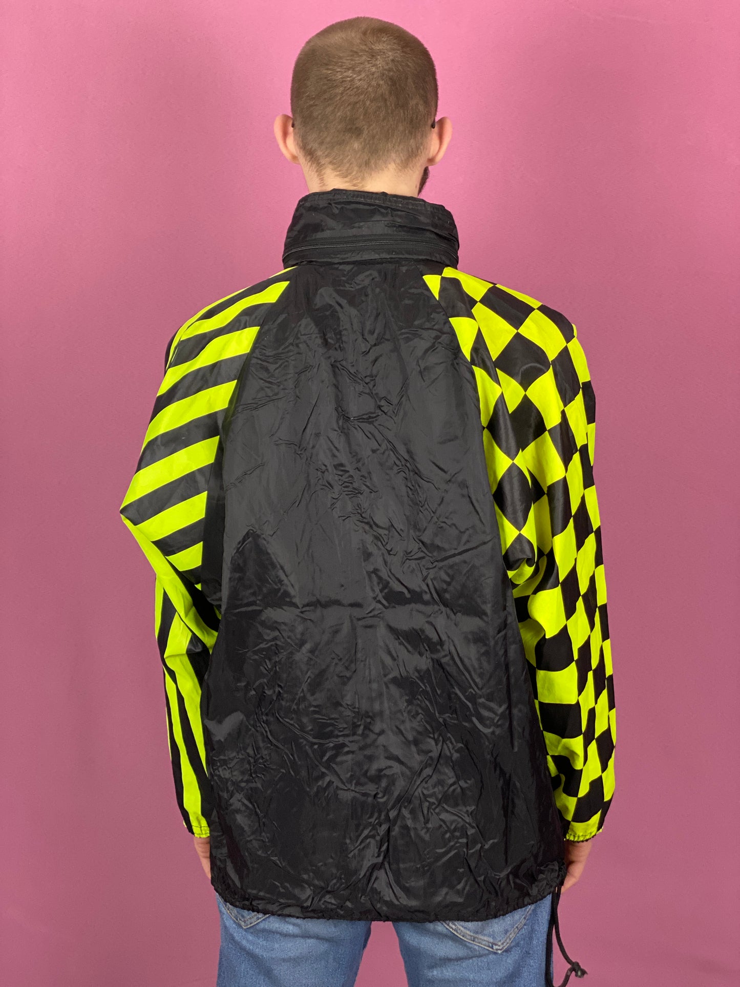 90s Vintage Men's Rain Jacket - Large Black & Yellow Nylon