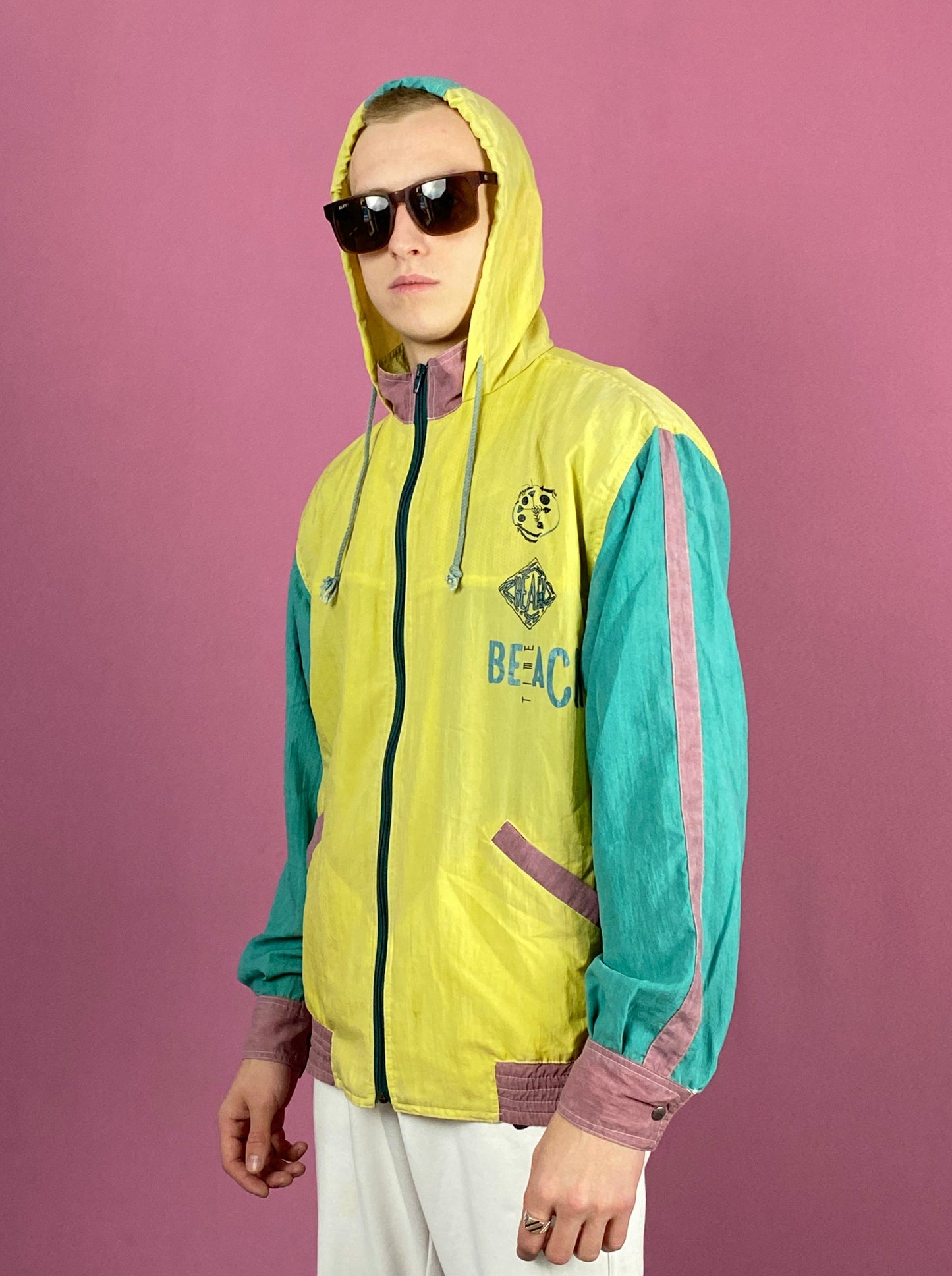 Beach Vintage Men's Rain Jacket - Small Yellow & Green Nylon