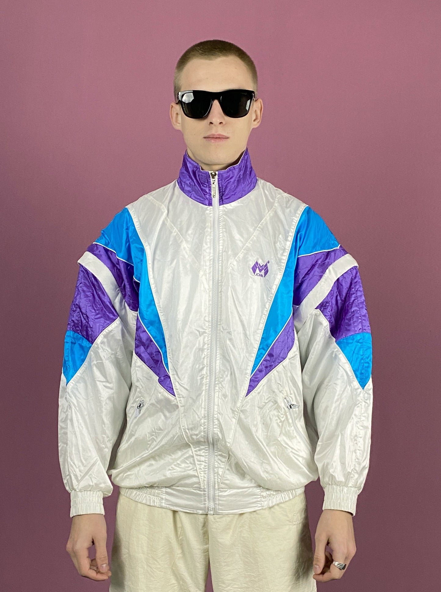 90s Joha Vintage Men's Windbreaker Jacket - Medium White Nylon