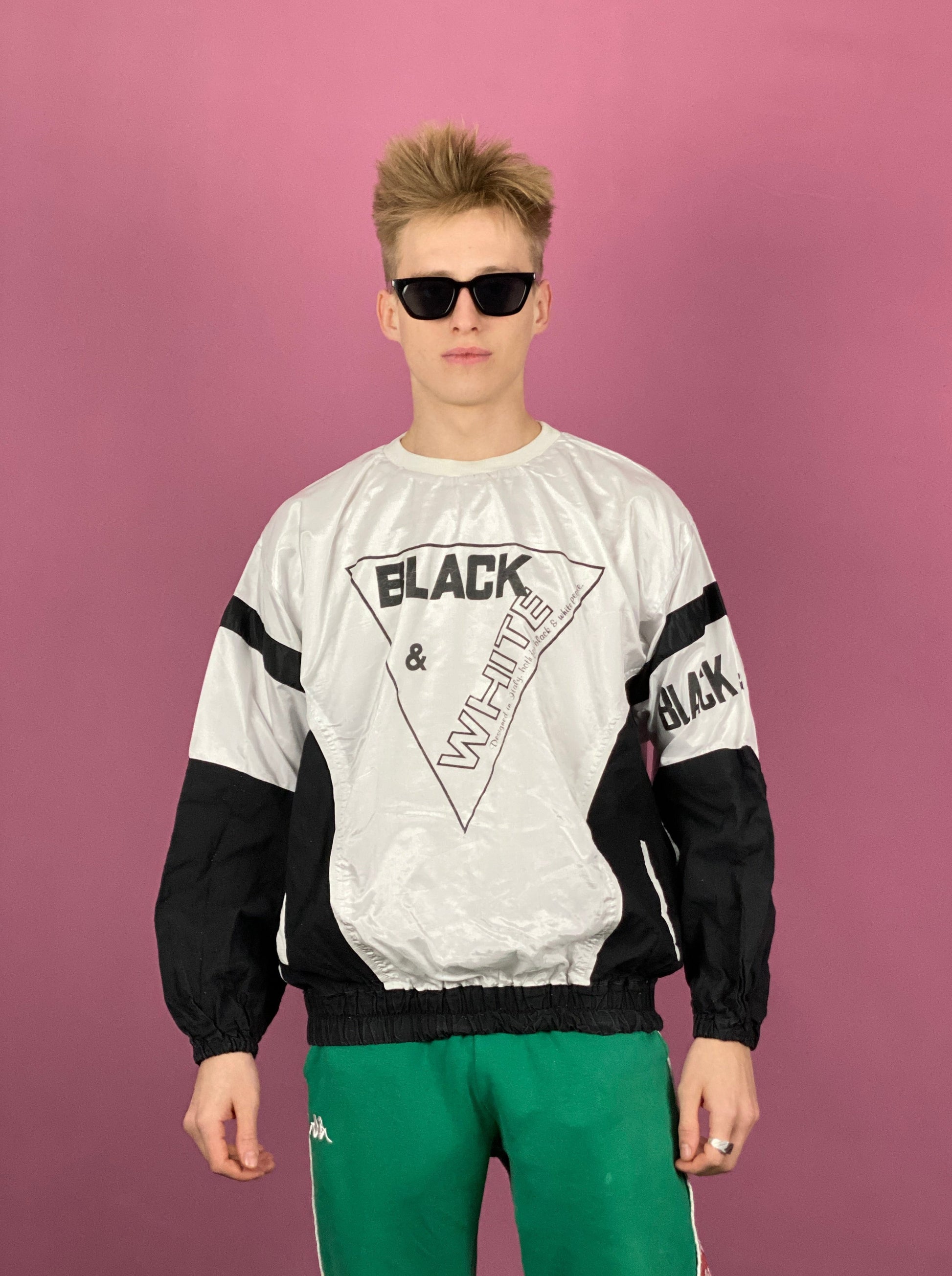 90s Vintage Men's Sweatshirt - Medium Black & White Polyester