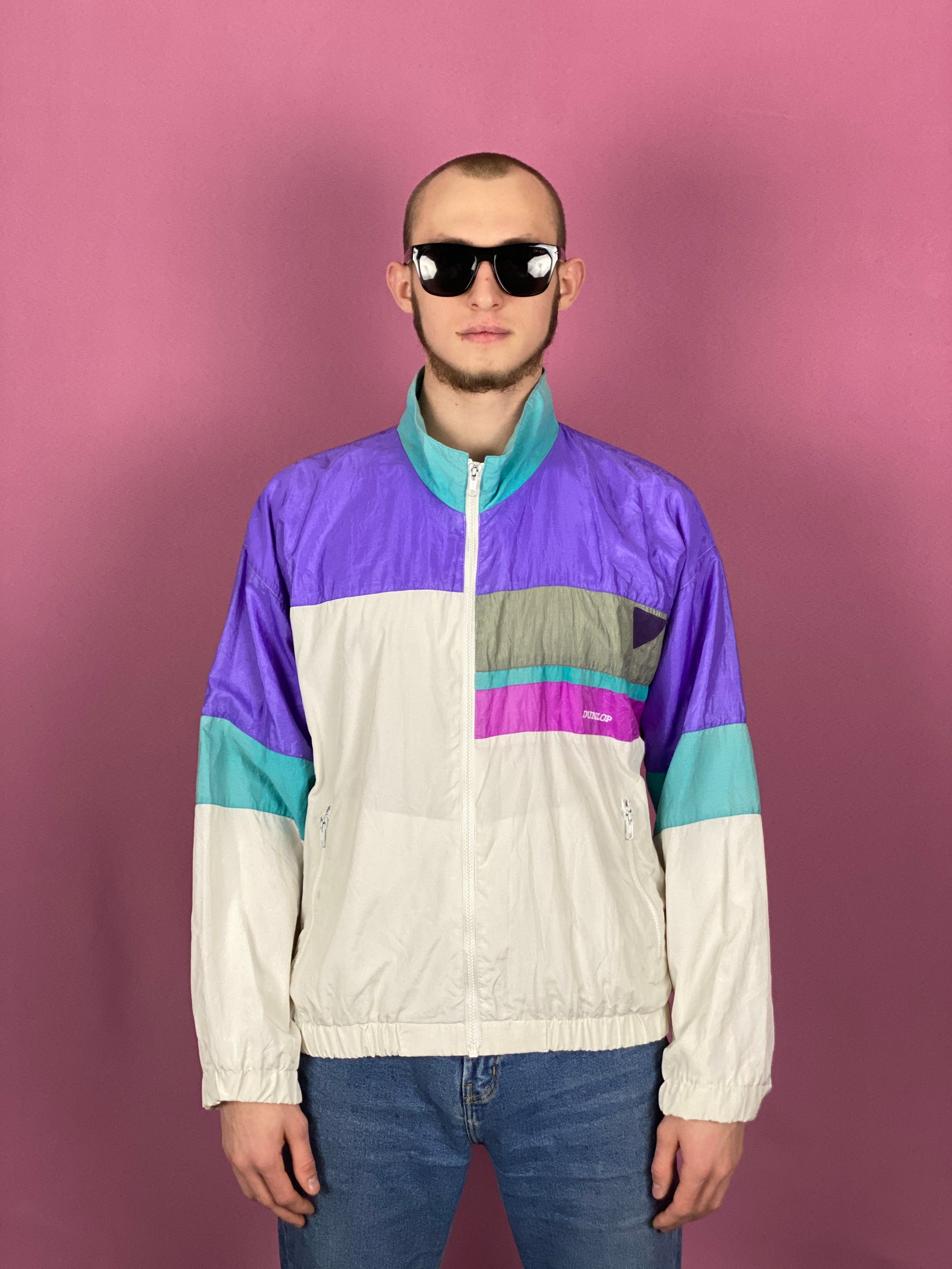 90s Vintage Men's Windbreaker Jacket - Large White Nylon