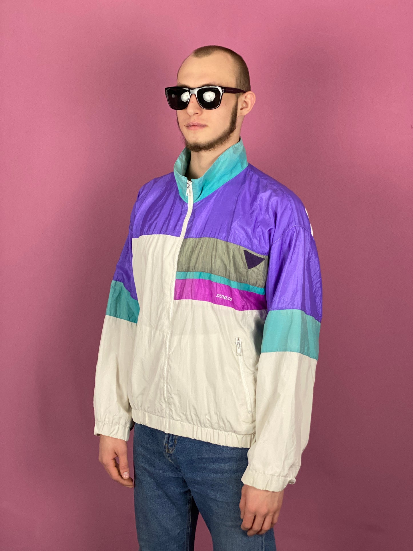 90s Vintage Men's Windbreaker Jacket - Large White Nylon