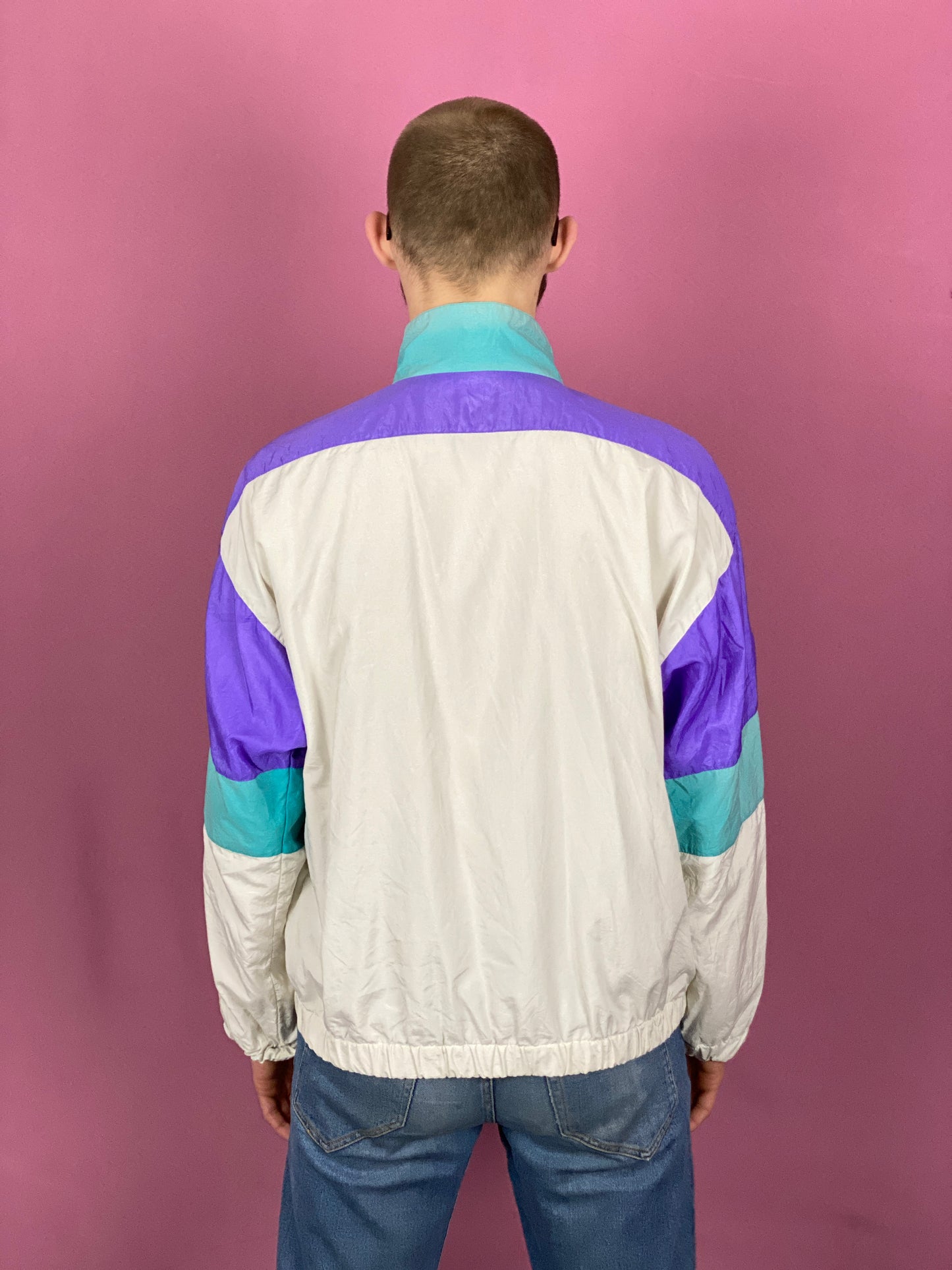 90s Vintage Men's Windbreaker Jacket - Large White Nylon