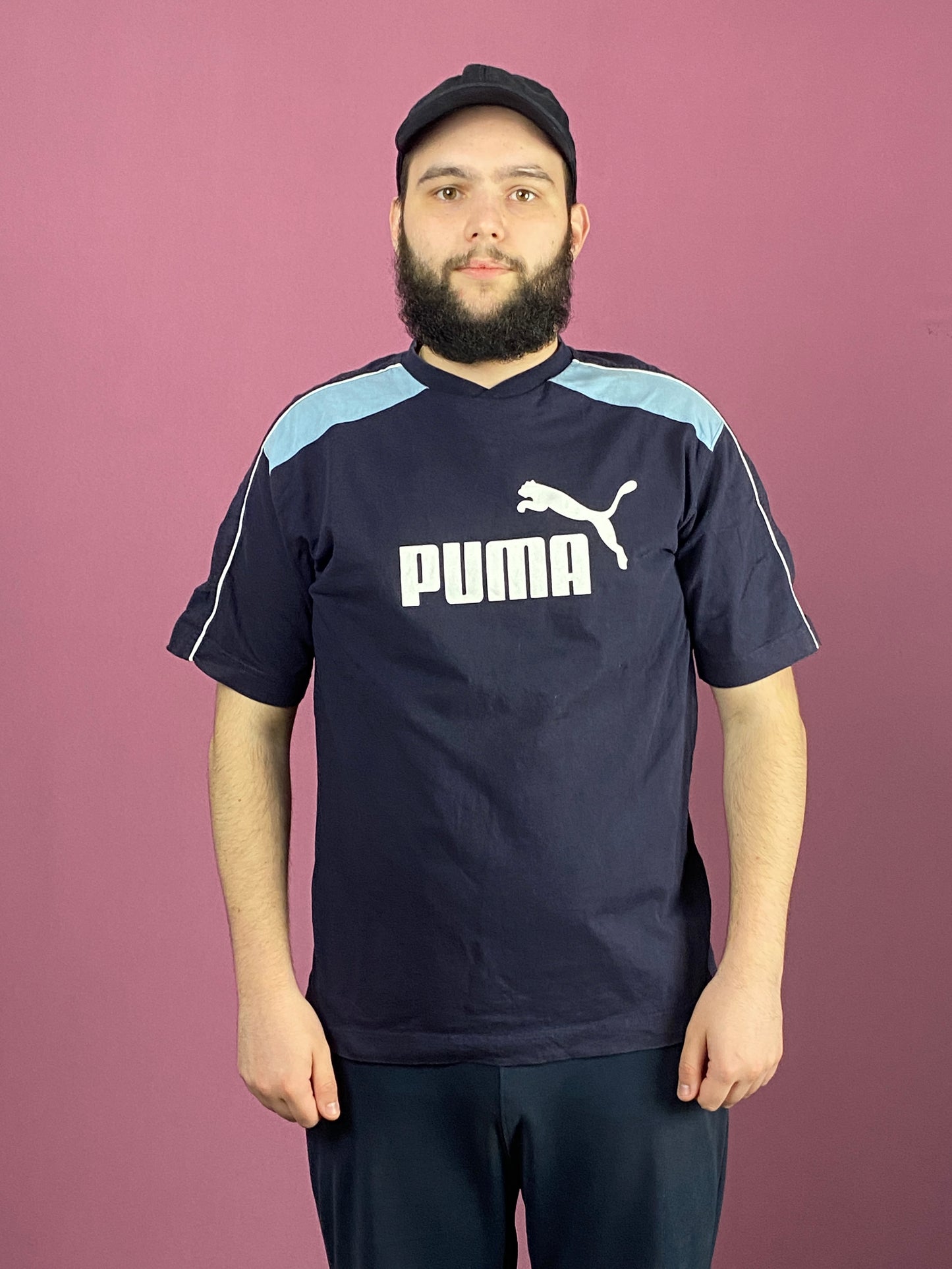 90s Puma Vintage Men's T-Shirt - Large Navy Blue Cotton