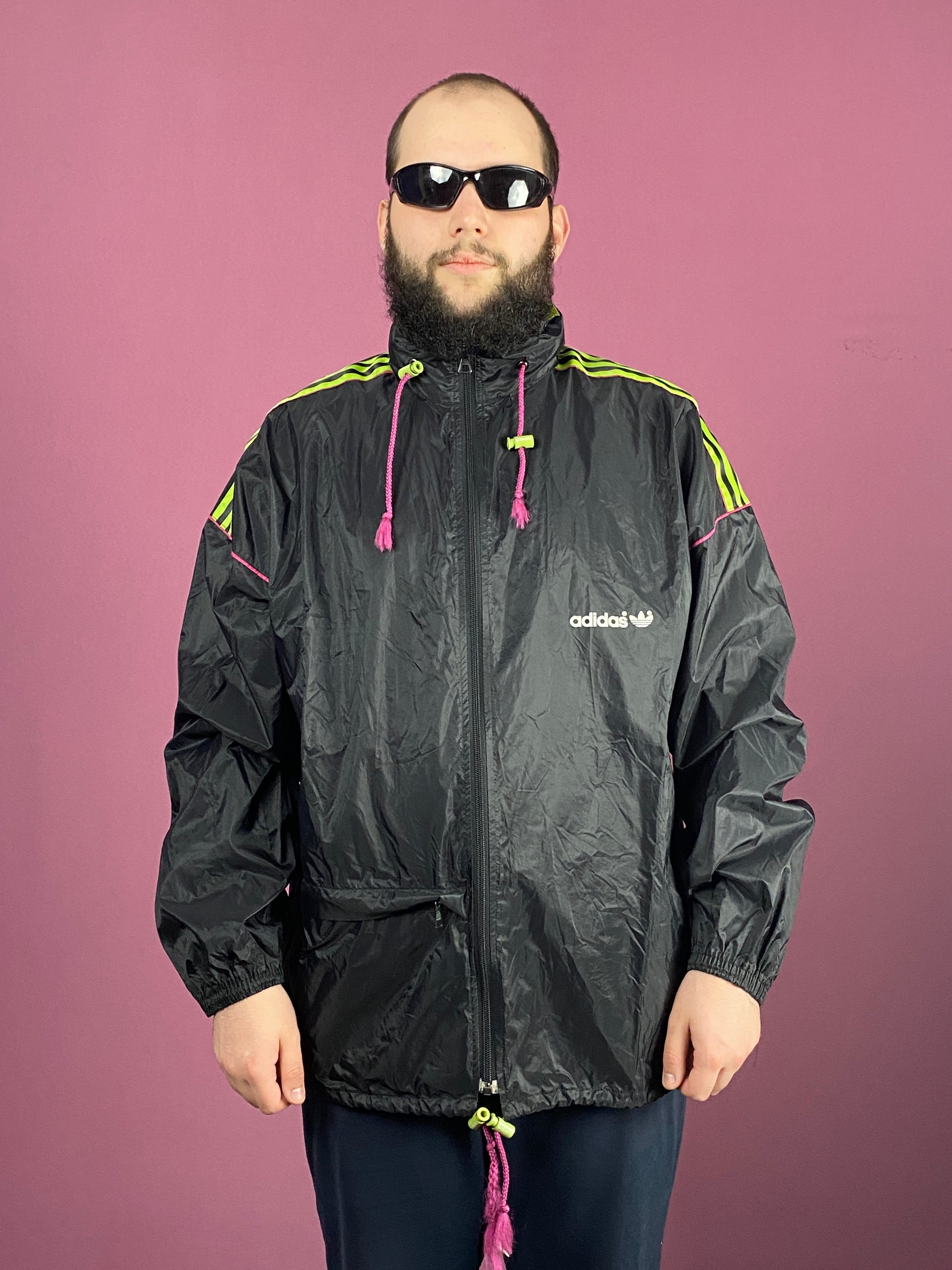 80s Adidas Vintage Men's Rain Jacket - Large Black Nylon