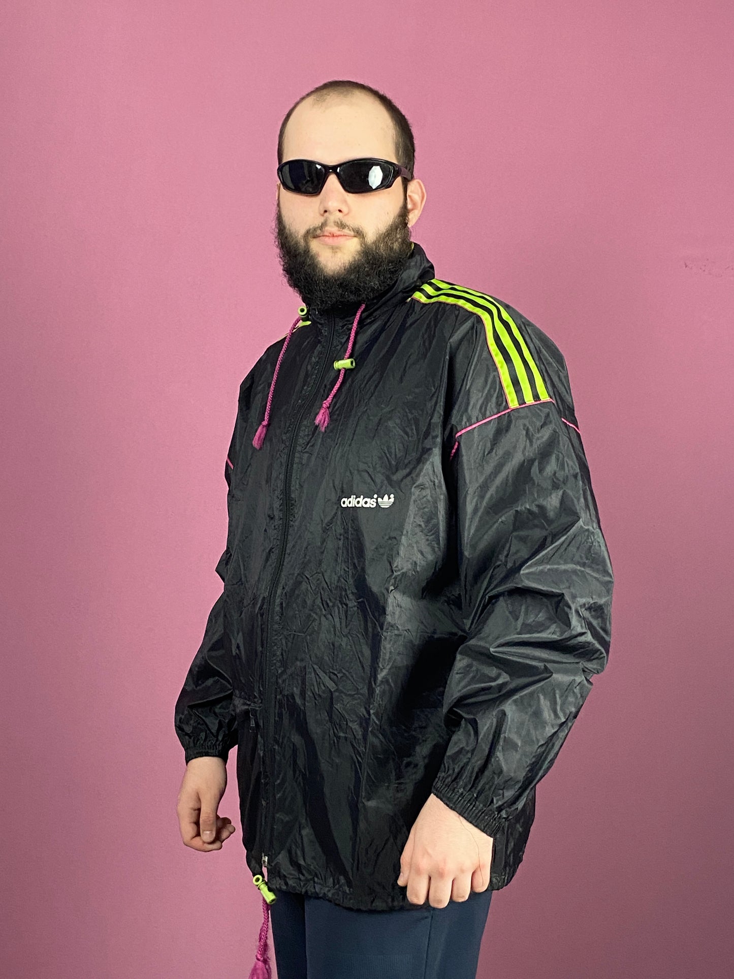 80s Adidas Vintage Men's Rain Jacket - Large Black Nylon