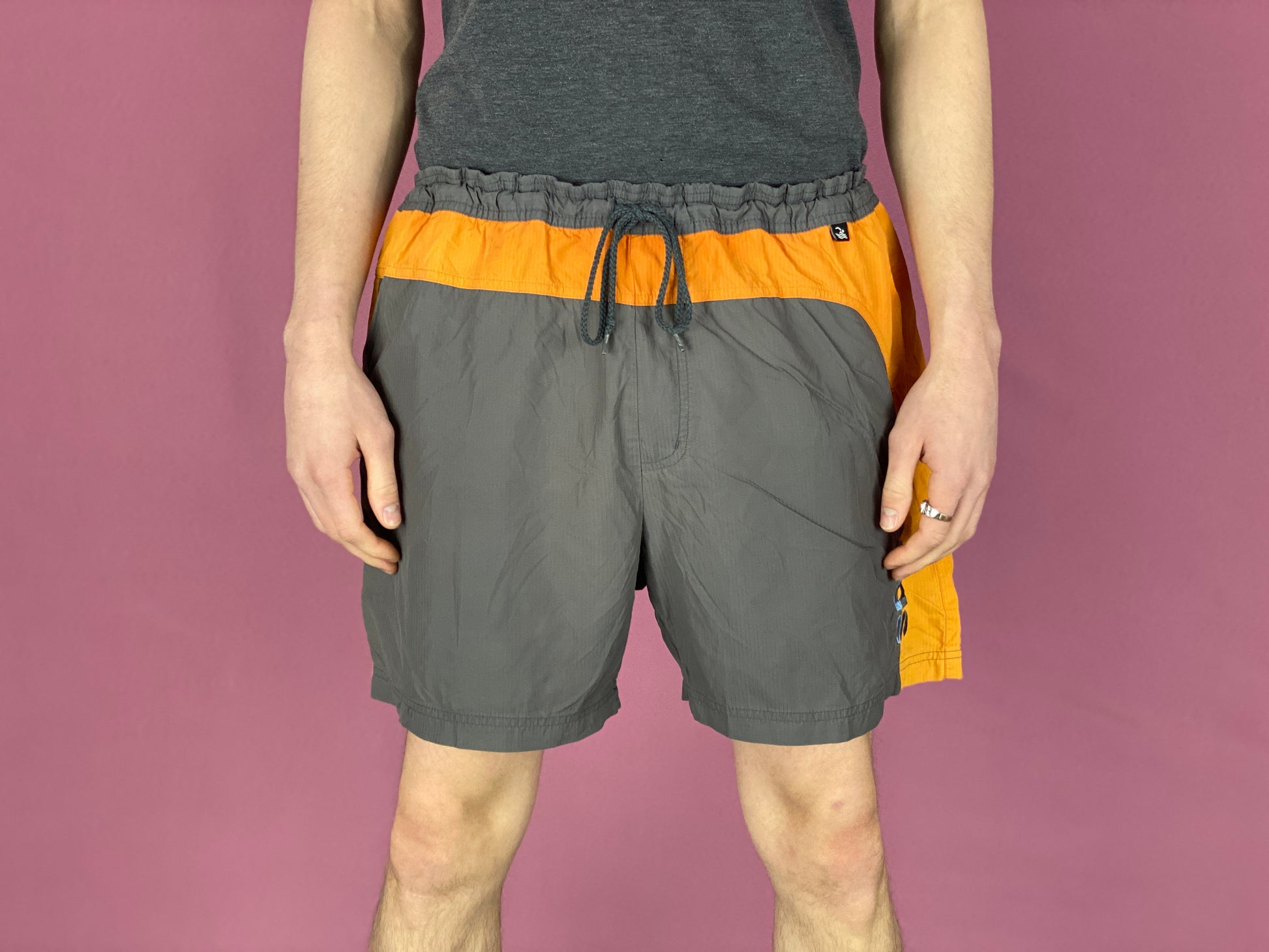 Adidas Vintage Men's Sport Shorts - Medium Gray & Orange Nylon