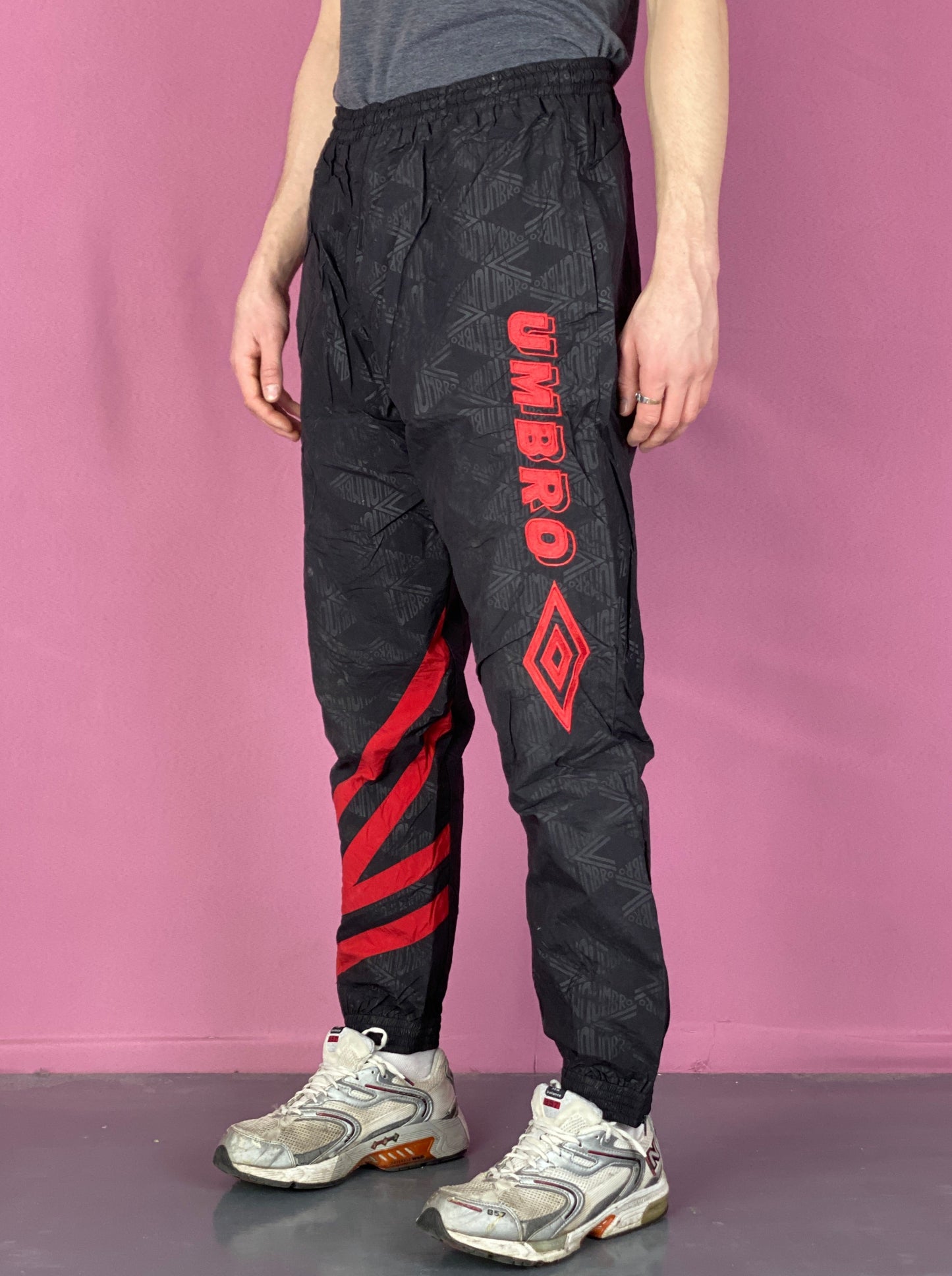 90s Umbro Vintage Men's Monogram Big Logo Track Pants - L Black Nylon