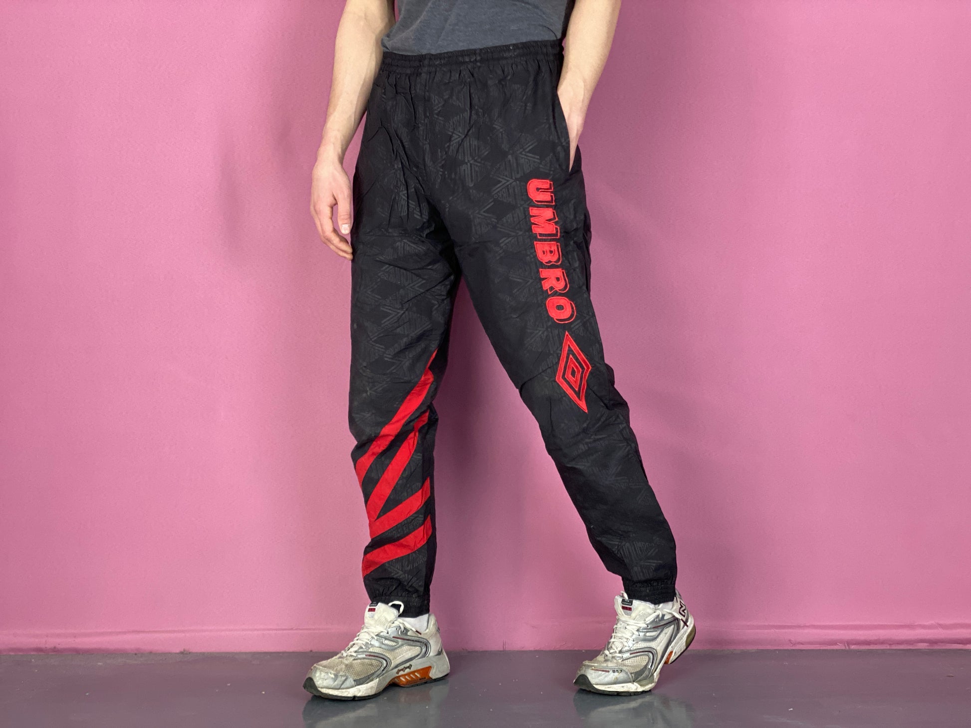 90s Umbro Vintage Men's Monogram Big Logo Track Pants - L Black Nylon