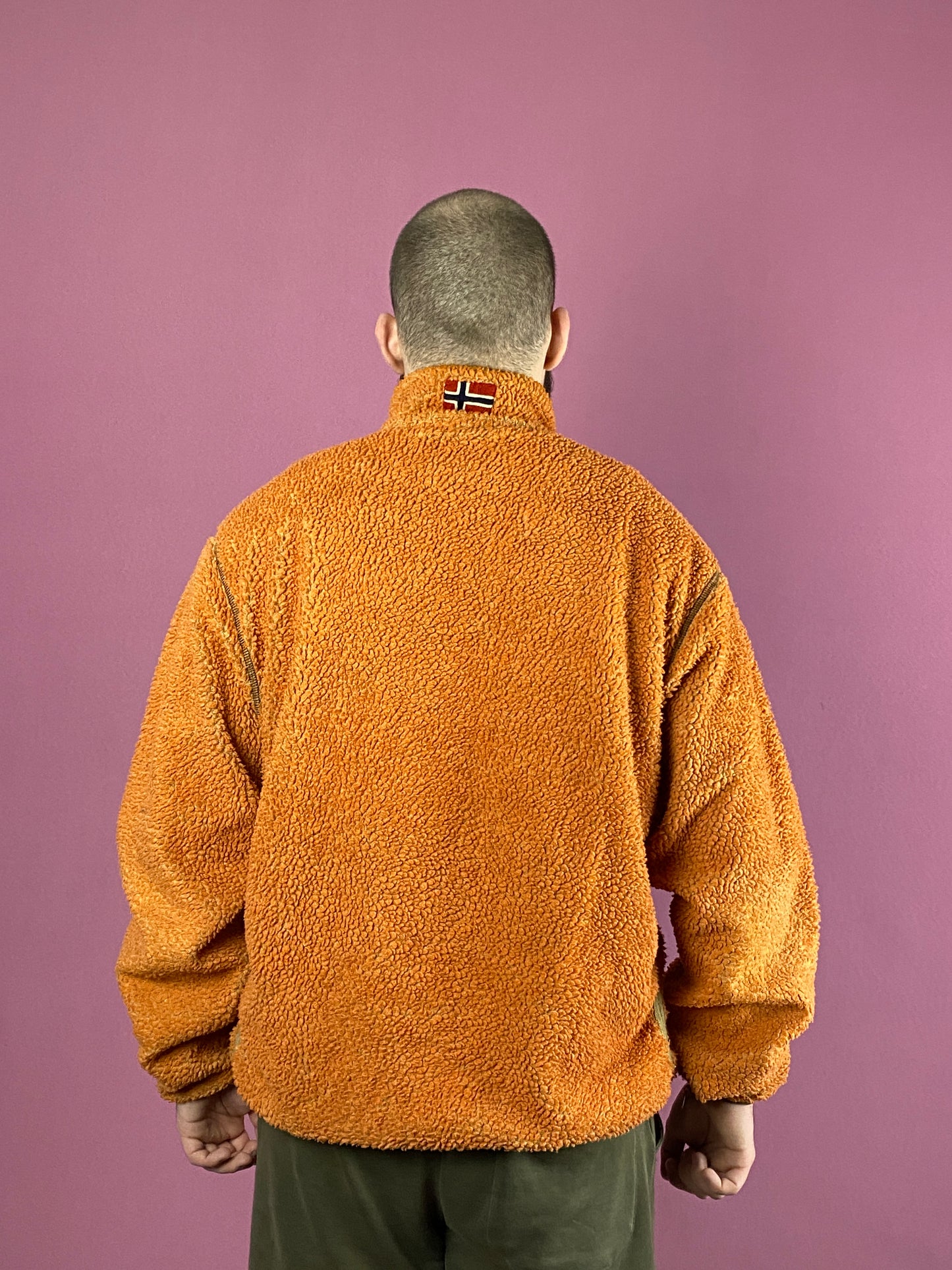 90s Napapijri Vintage Men's Quarter Zip Sherpa Fleece - XXL Orange Polyester