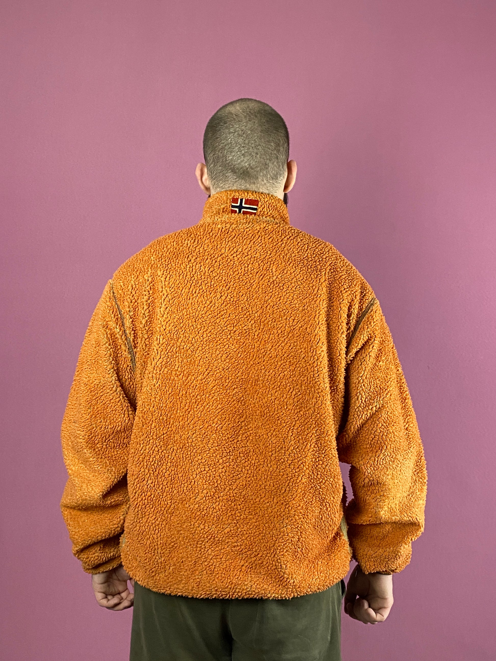 90s Napapijri Vintage Men's Quarter Zip Sherpa Fleece - XXL Orange Polyester