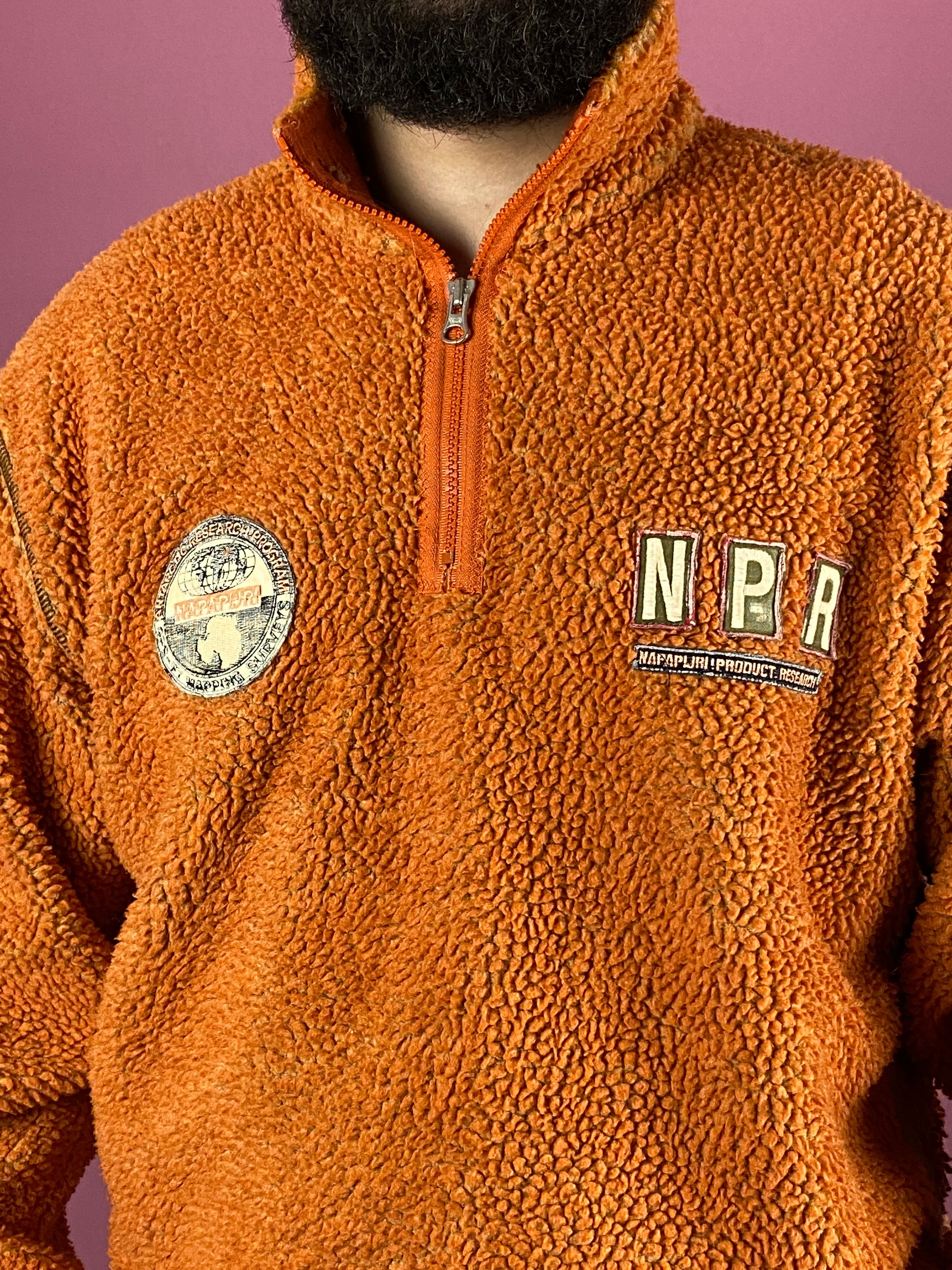 90s Napapijri Vintage Men's Quarter Zip Sherpa Fleece - XXL Orange Polyester