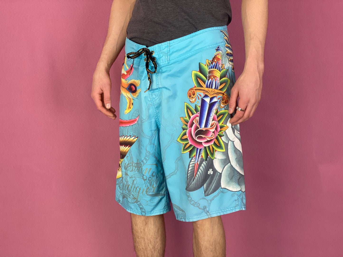 Christian Audiger Vintage Men's Boardshorts Shorts - Medium Blue Polyester