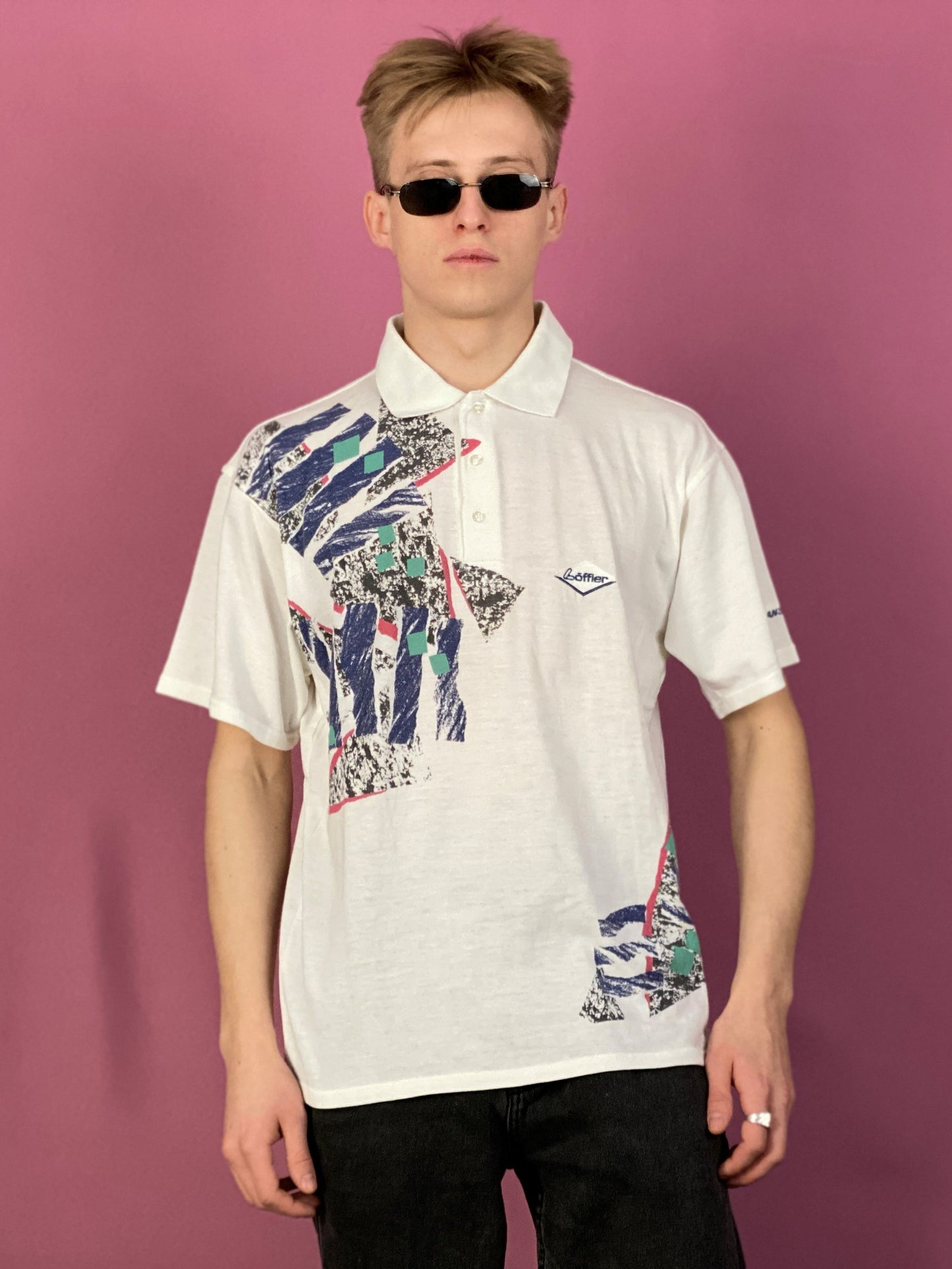 90s Loffler Vintage Men's Abstract Print Polo Shirt
