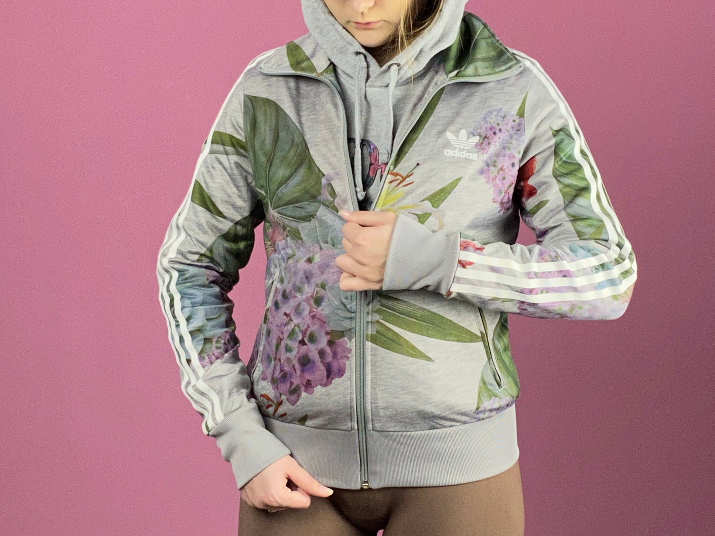 Adidas Vintage Women's Floral Track Jacket - Small Gray Polyester