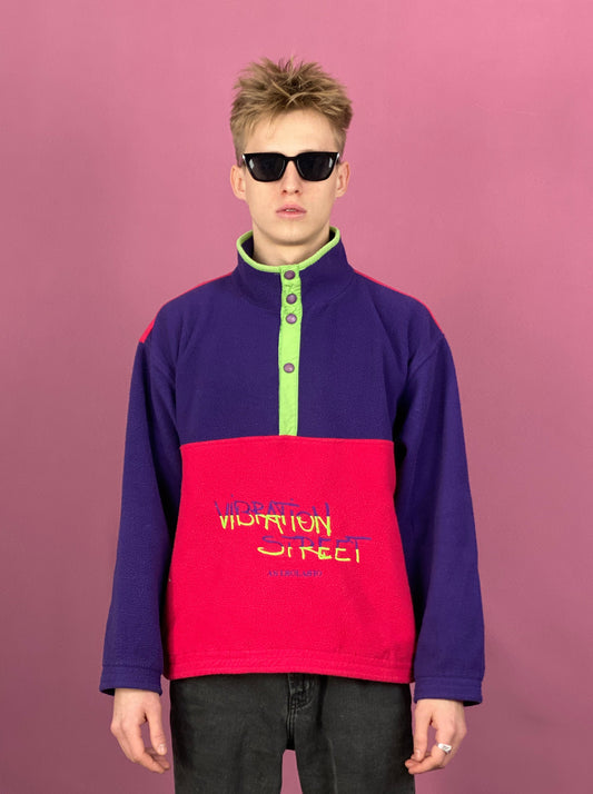 90s Vintage Men's Snap Fleece - Medium Purple & Red Polyester