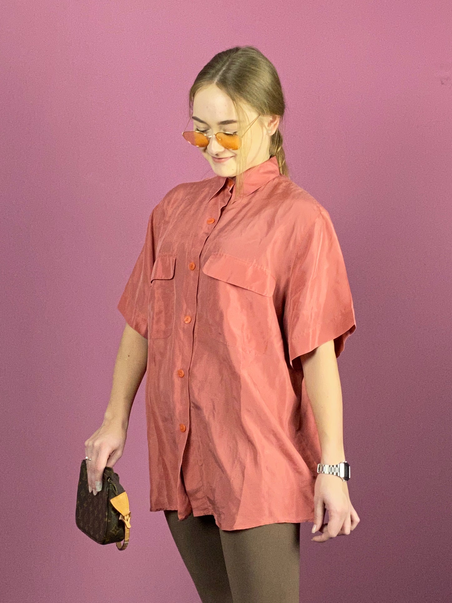 90s Vintage Women's Short Sleeve Shirt - Large Pink Silk