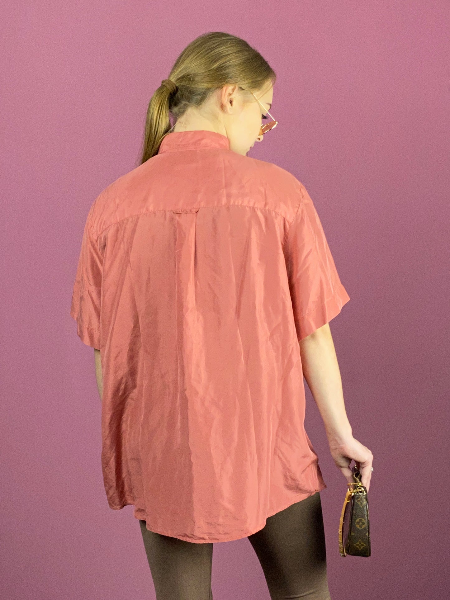 90s Vintage Women's Short Sleeve Shirt - Large Pink Silk