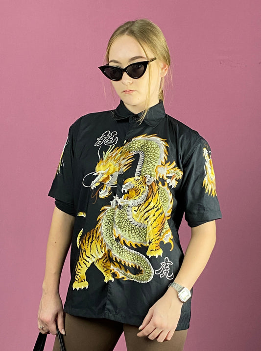 Vintage Kids Short Sleeve Dragon Print Shirt - 13-14Y Black Polyester