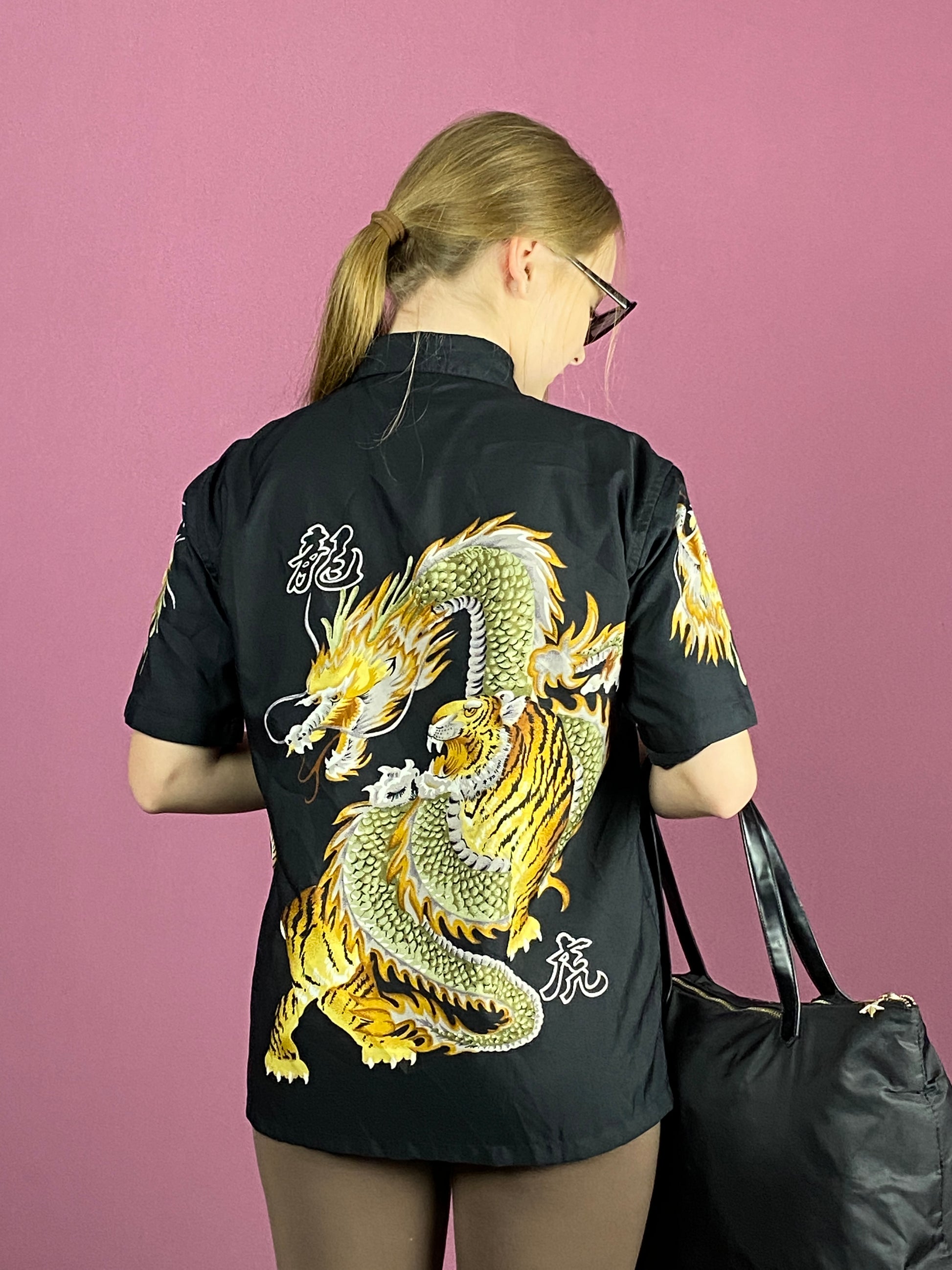 Vintage Kids Short Sleeve Dragon Print Shirt - 13-14Y Black Polyester