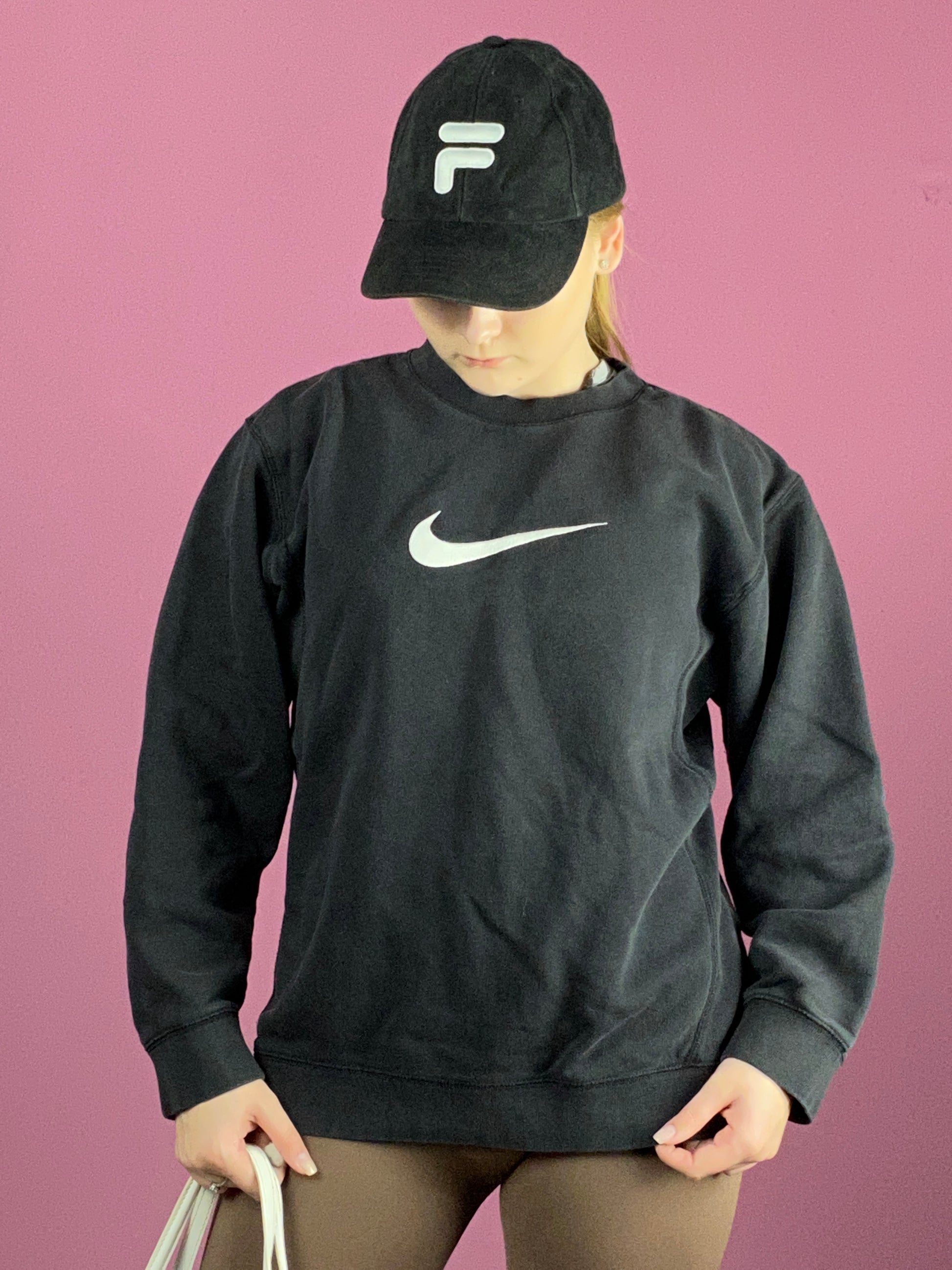 90s Nike Vintage Women's Big Logo Sweatshirt - Small Black Cotton Blend