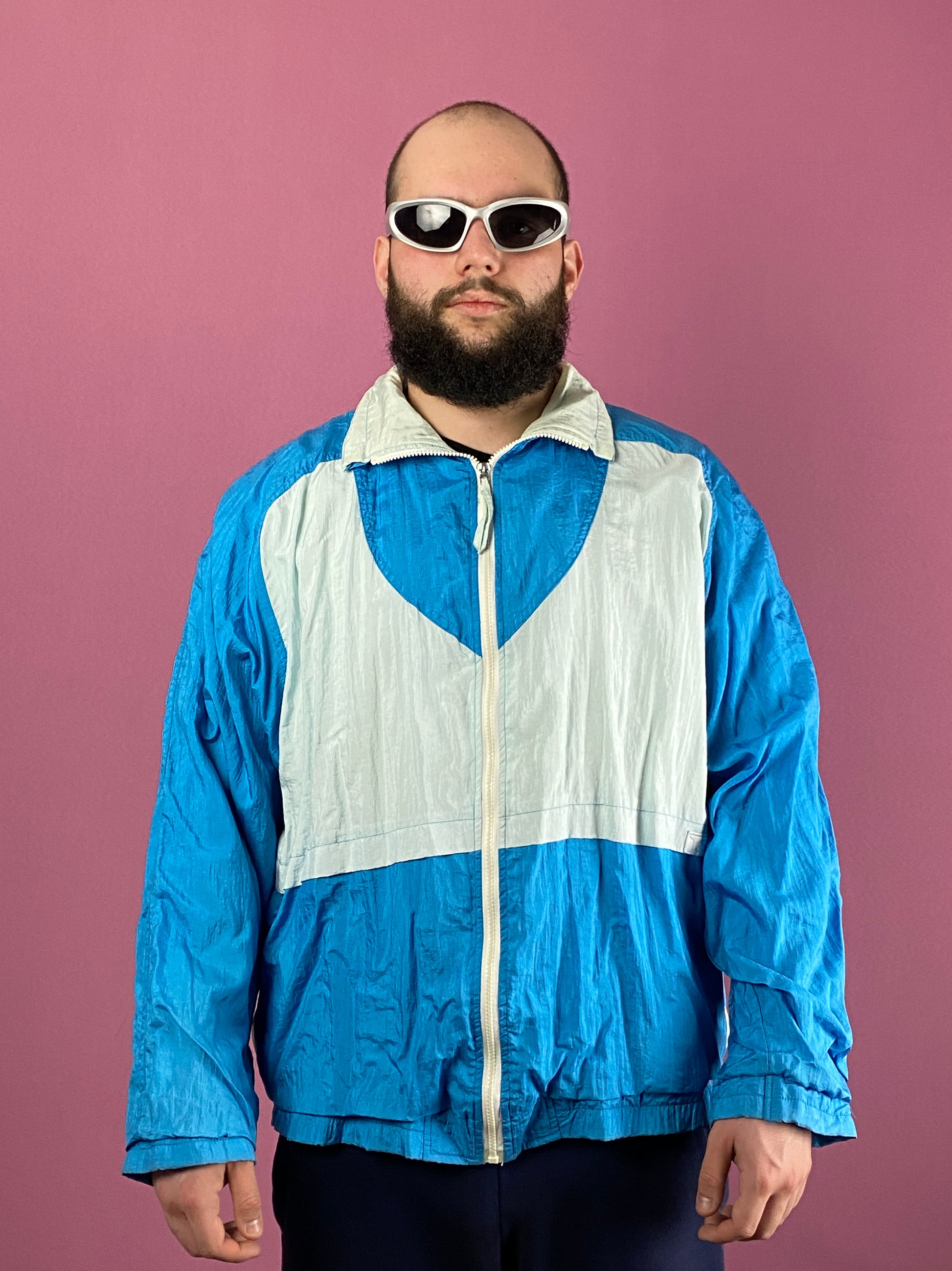 90s Take Two Vintage Men's Windbreaker Jacket - L White & Blue Nylon