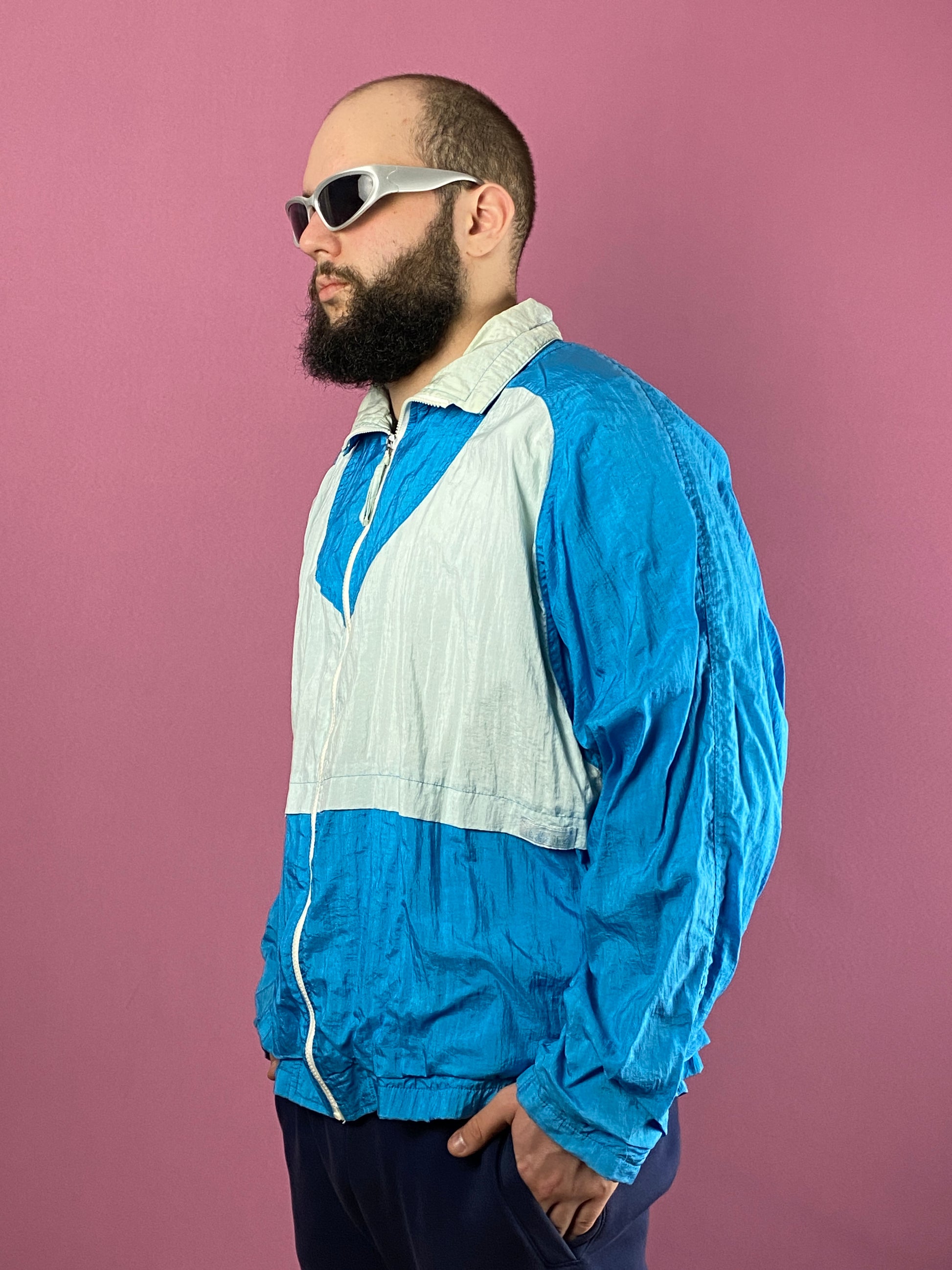 90s Take Two Vintage Men's Windbreaker Jacket - L White & Blue Nylon